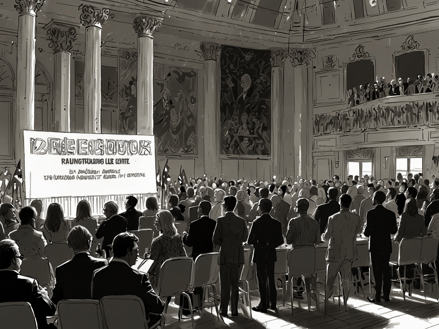A lavish fundraising event where affluent donors gather, with a backdrop of political signage, symbolizing the influence of wealth in elections and campaign strategies.