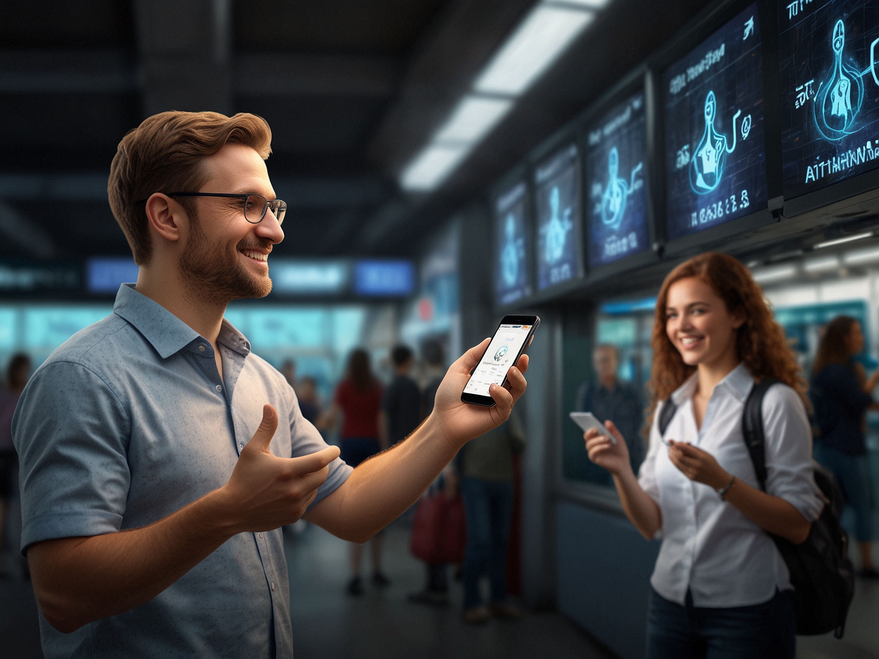 An AI Auslan avatar translating train announcements into sign language at a busy station, showcasing the innovative technology providing real-time communication for Deaf travelers.