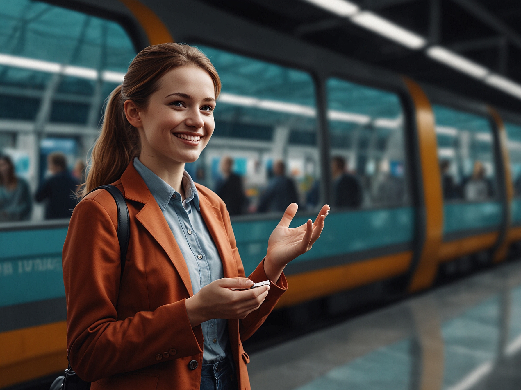 A smiling Deaf commuter, Sarah, standing confidently beside a train platform, with an Auslan avatar displayed on a screen, symbolizing the empowerment and clarity this technology brings.