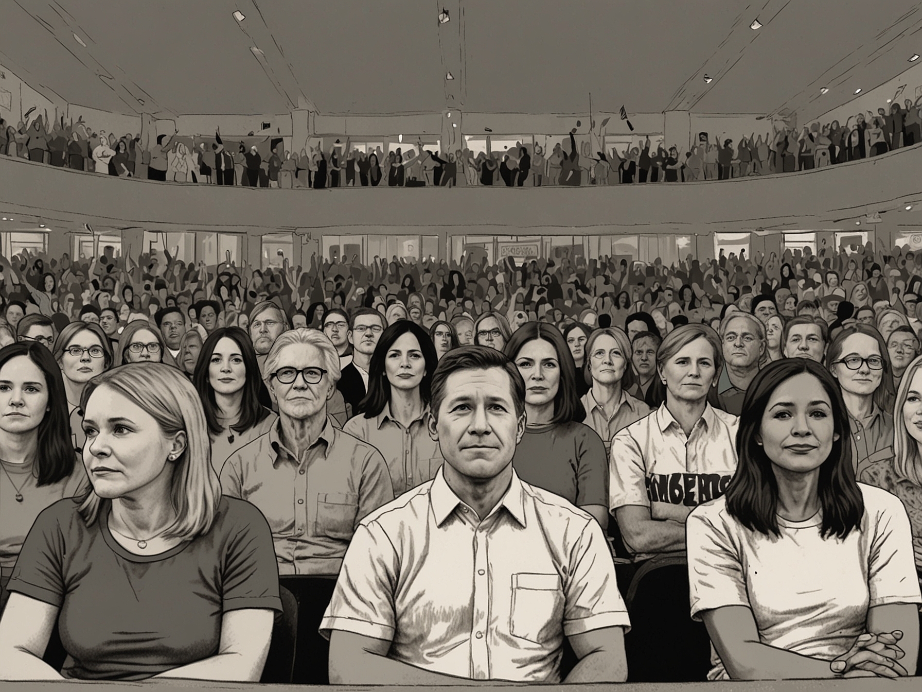 A divided crowd at a political rally, showcasing attendees supporting both Janelle Stelson and Scott Perry, reflecting the polarized sentiments in Pennsylvania leading up to the 2024 elections.