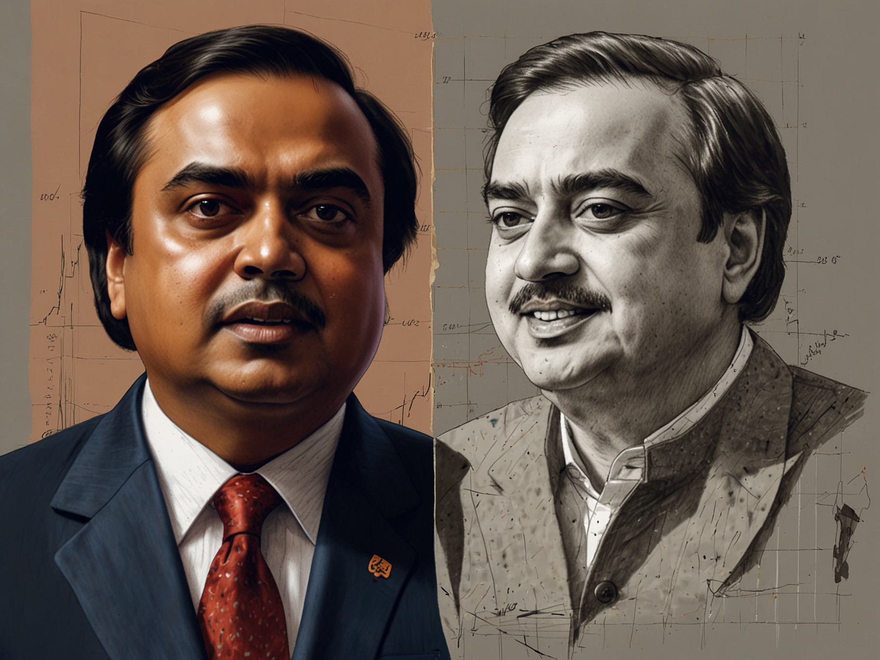 A side-by-side comparison of Mukesh Ambani and Gautam Adani, illustrating their contrasting fortunes on a tumultuous day in India's financial market, with stock graphs in the background.