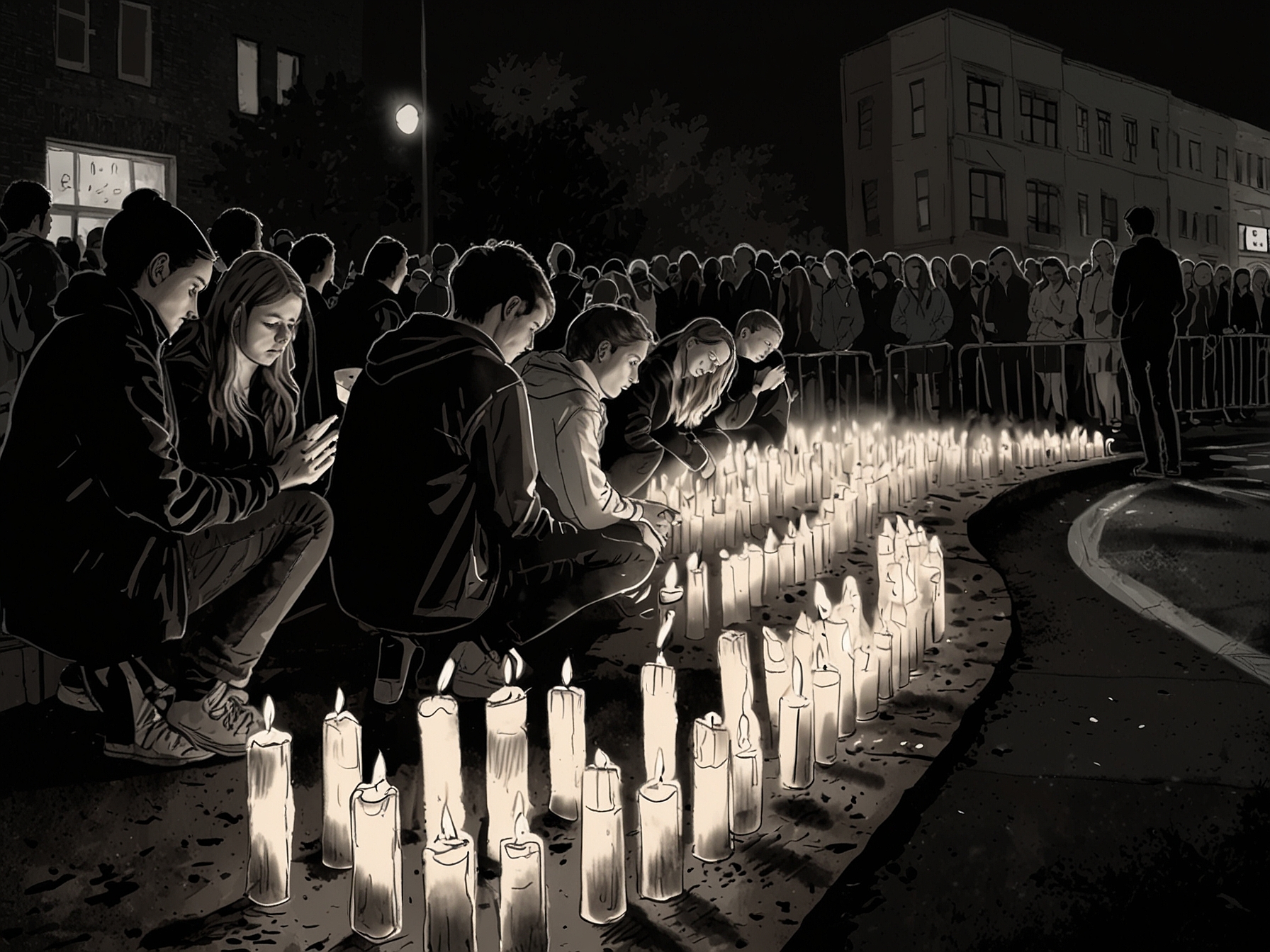 A somber vigil held by fans outside a concert venue, with candles and flowers paying tribute to Liam Payne, capturing the outpouring of love and grief.