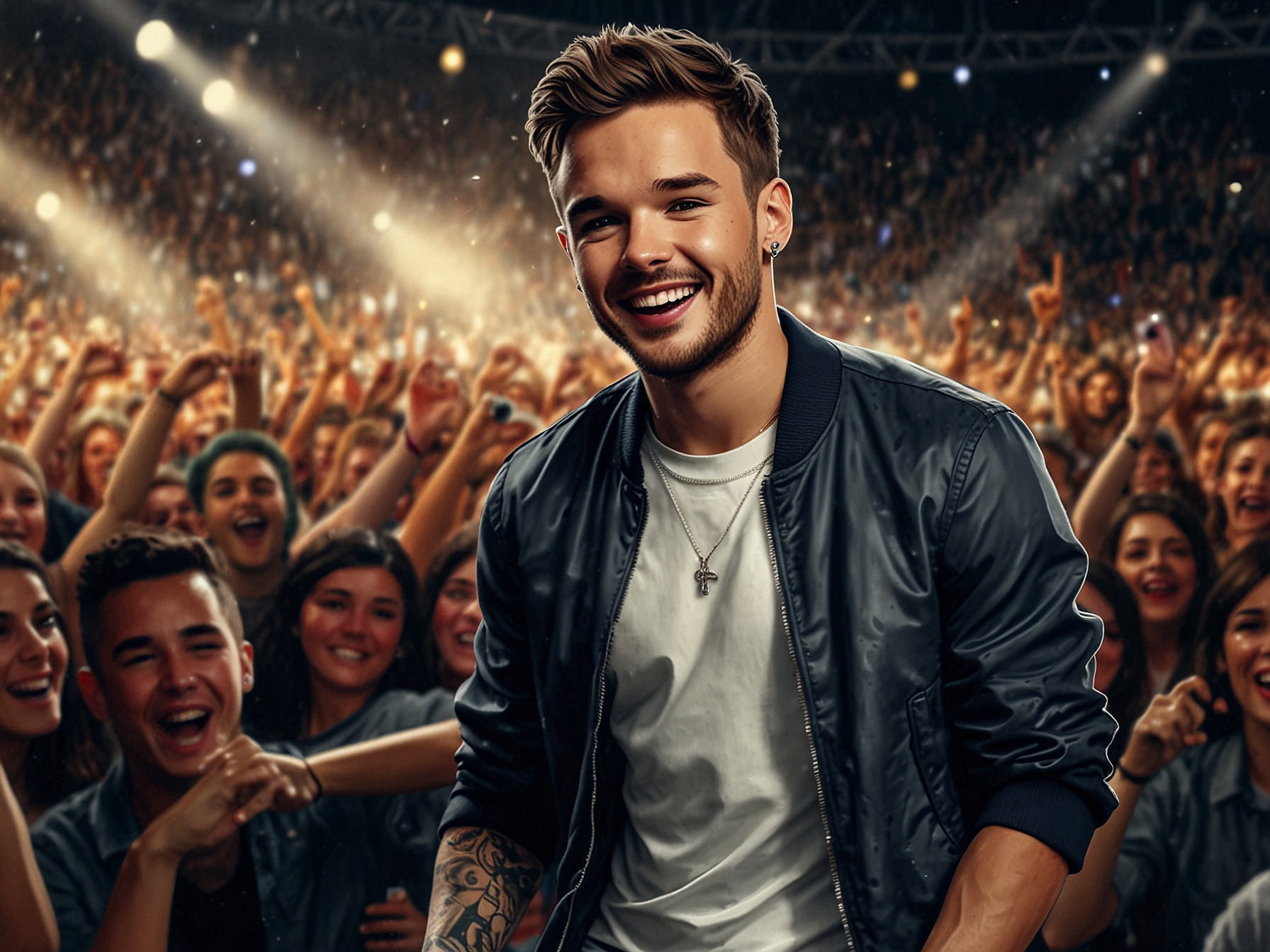 An artist's rendering of Liam Payne on stage performing, surrounded by a sea of fans, symbolizing the joy he brought to many despite his personal struggles.