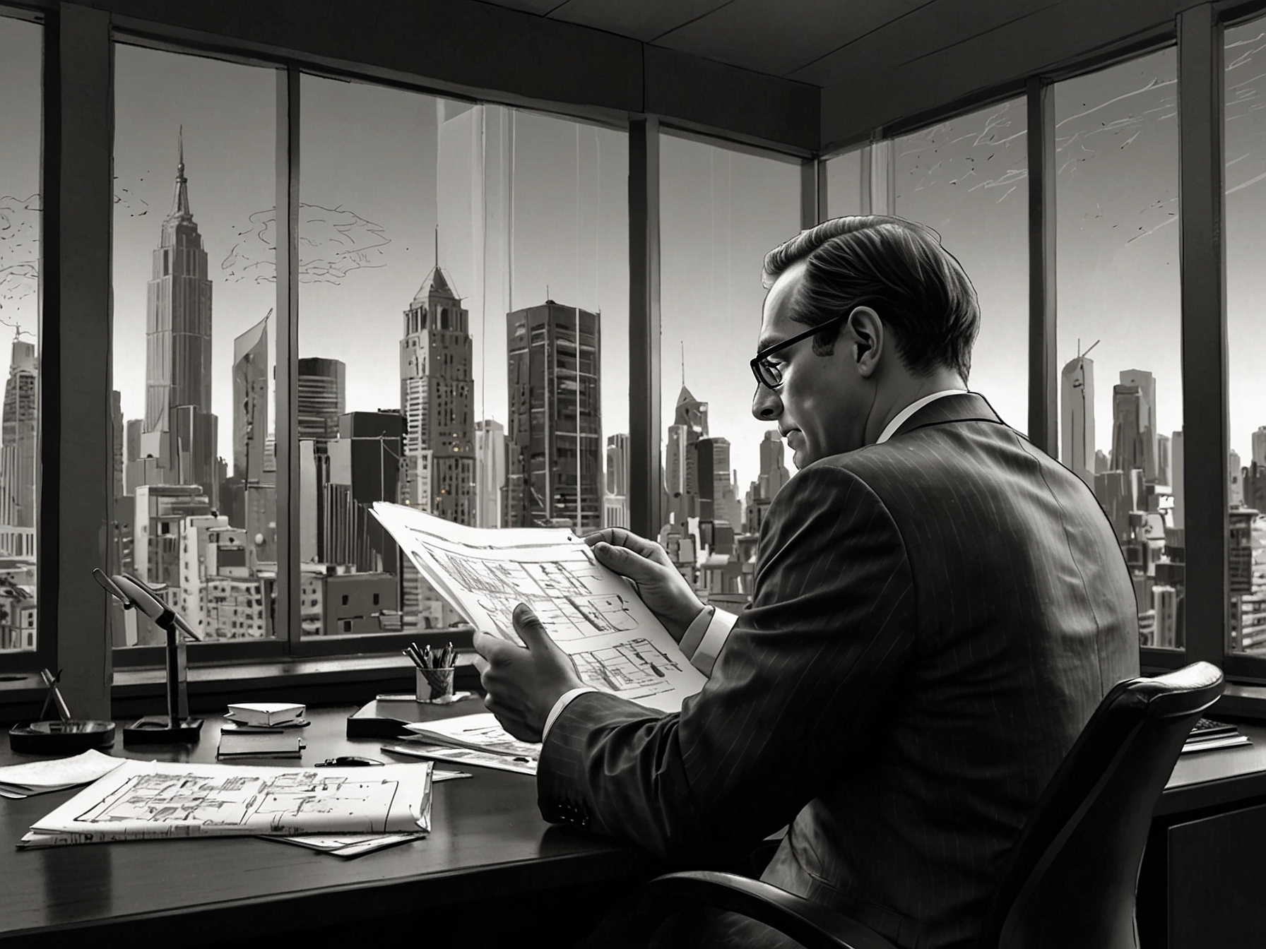 A financial analyst reviewing Centuria’s financial reports in an office setting, depicting the analytical approach towards understanding the company's robust fundamentals and market strategies.