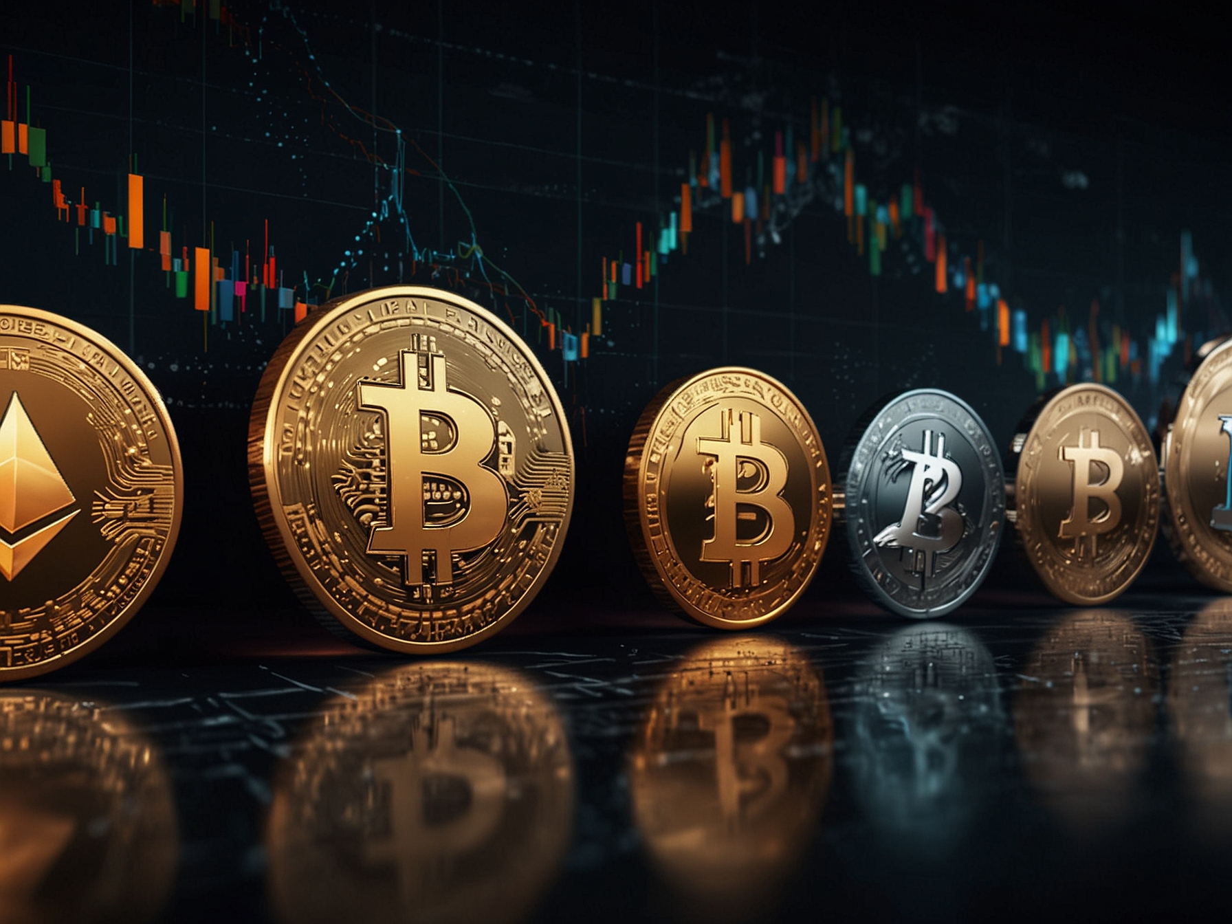 A dynamic representation of various cryptocurrencies with digital symbols, illustrating the increasing acceptance and integration of these assets across different sectors.