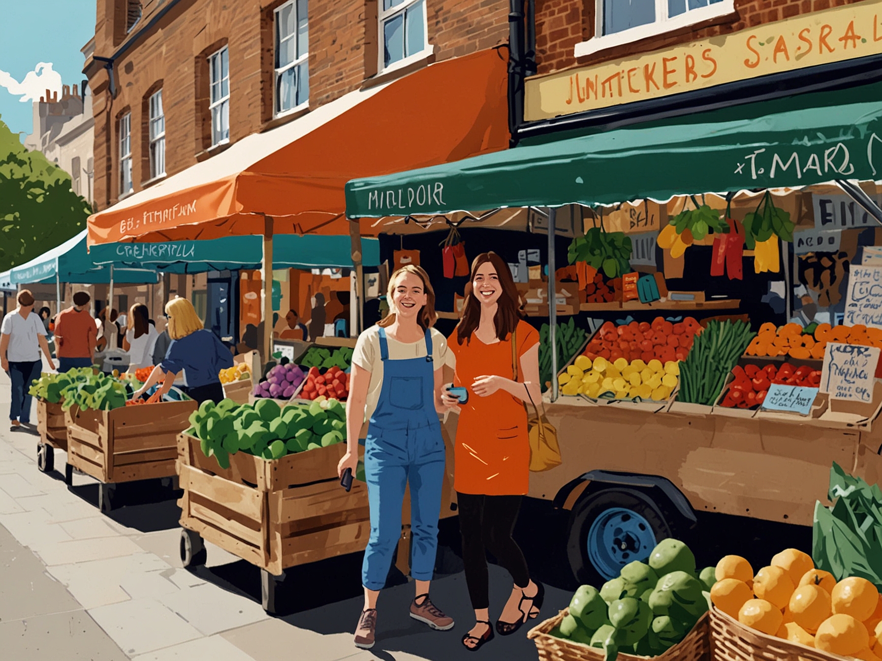 Emily and Tamra, laughing and exploring vibrant London markets, search for the perfect juice cleanse amidst colorful stalls filled with fresh produce and tempting treats.