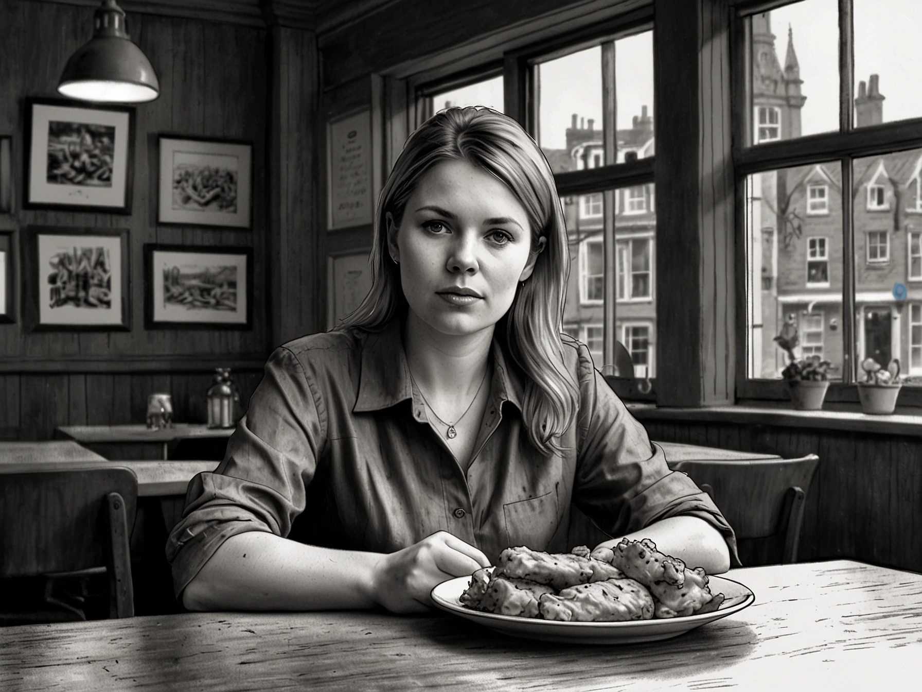 Heather gazes thoughtfully at a plate of traditional British fish and chips, contemplating the balance between health and indulgence in the rich culinary backdrop of London.