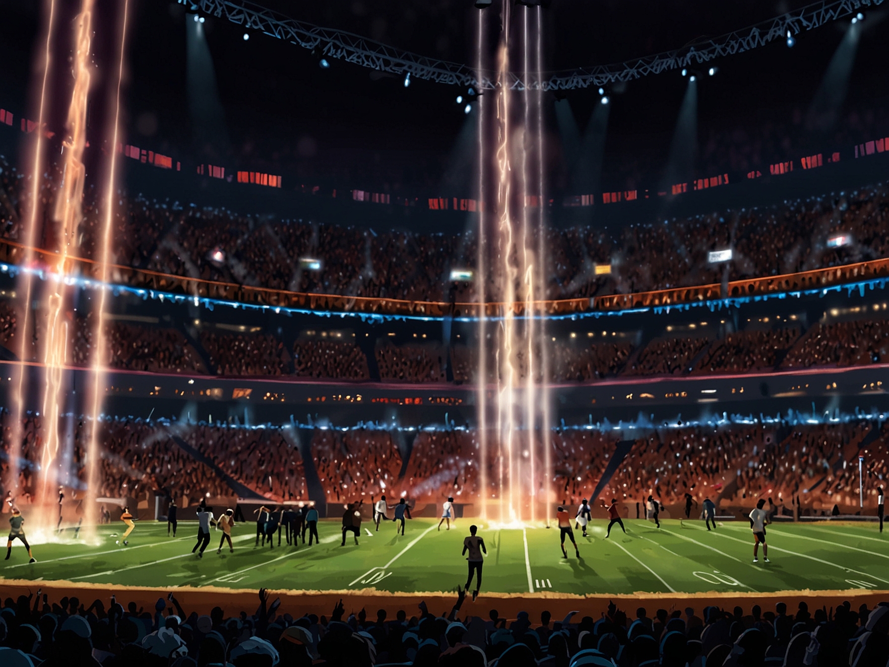 An electrifying stage set for the Super Bowl Halftime Show, illuminated with vibrant lights, as fans eagerly await the performance featuring Jay-Z.