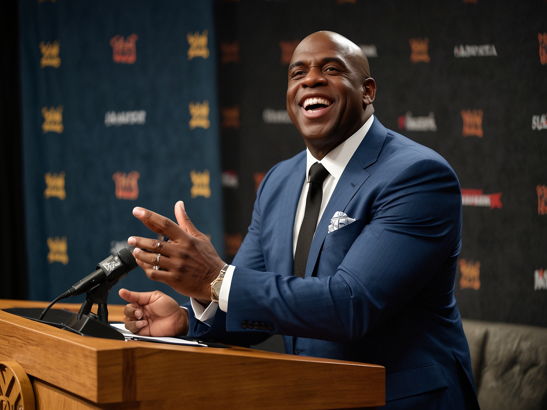Magic Johnson shares his enthusiasm during a press event, discussing the significance of Jay-Z's role in bringing together music and social justice on the big stage.