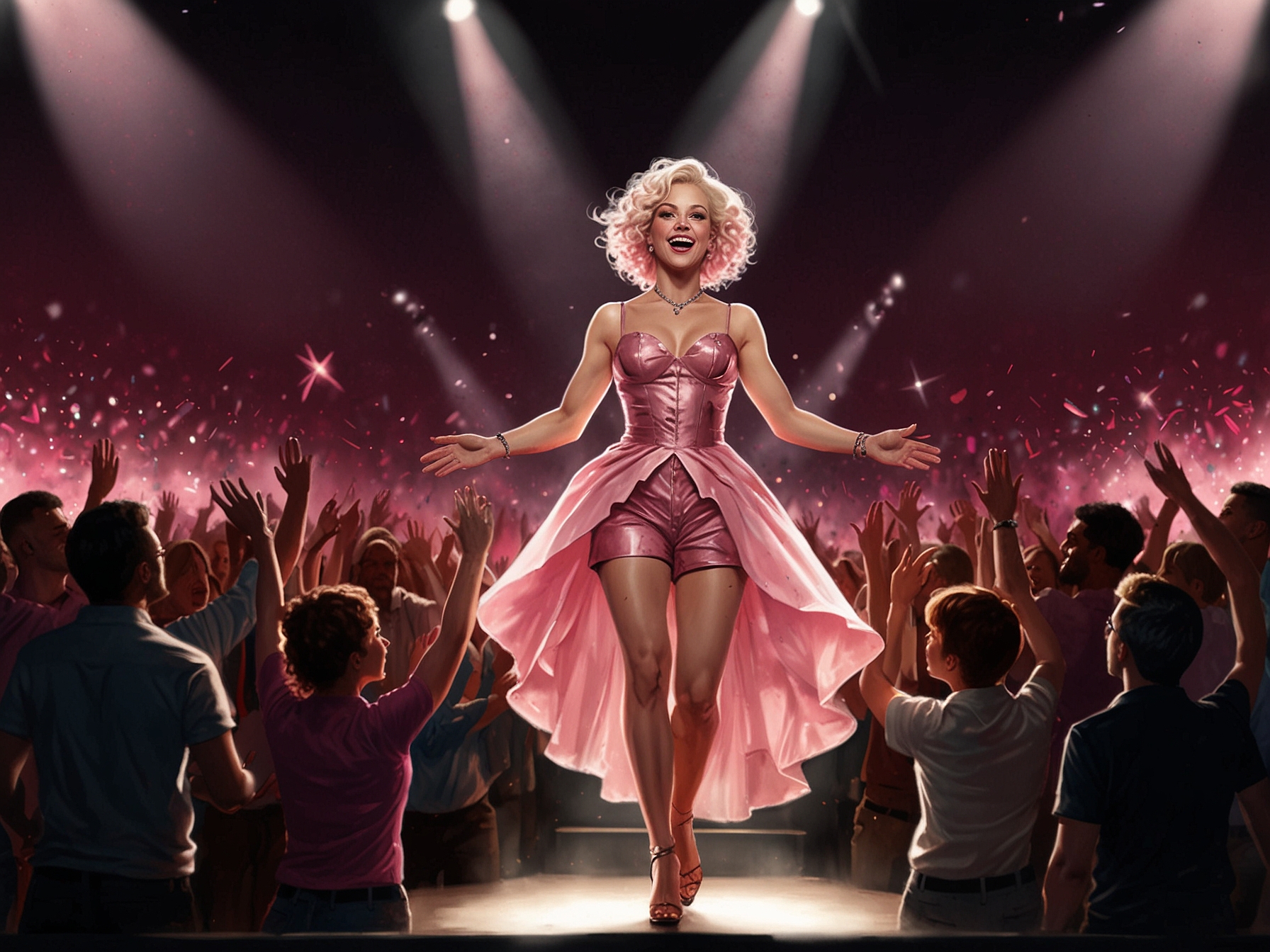 Pink captivates the audience with her dynamic performance, surrounded by vibrant lights and an enthusiastic crowd, highlighting her magnetic stage presence.