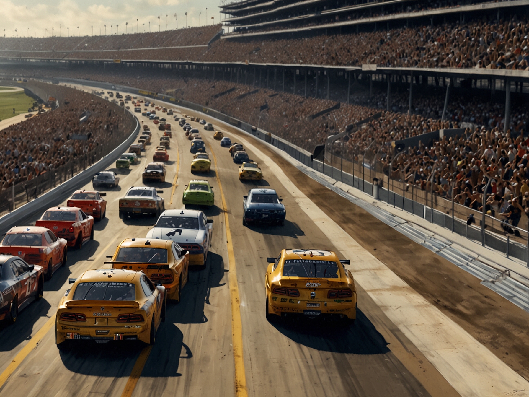 A dynamic shot of a NASCAR track bustling with activity as teams prepare for the 2025 season, showcasing the anticipation surrounding the new driver's announcement.