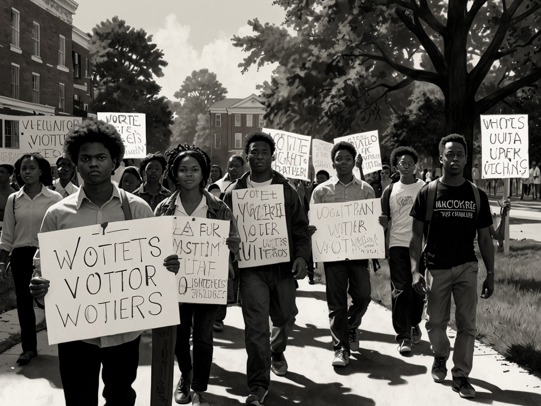 A diverse group of Black students marches through Morehouse College, holding vibrant signs with messages advocating for voting rights and access to water for voters.