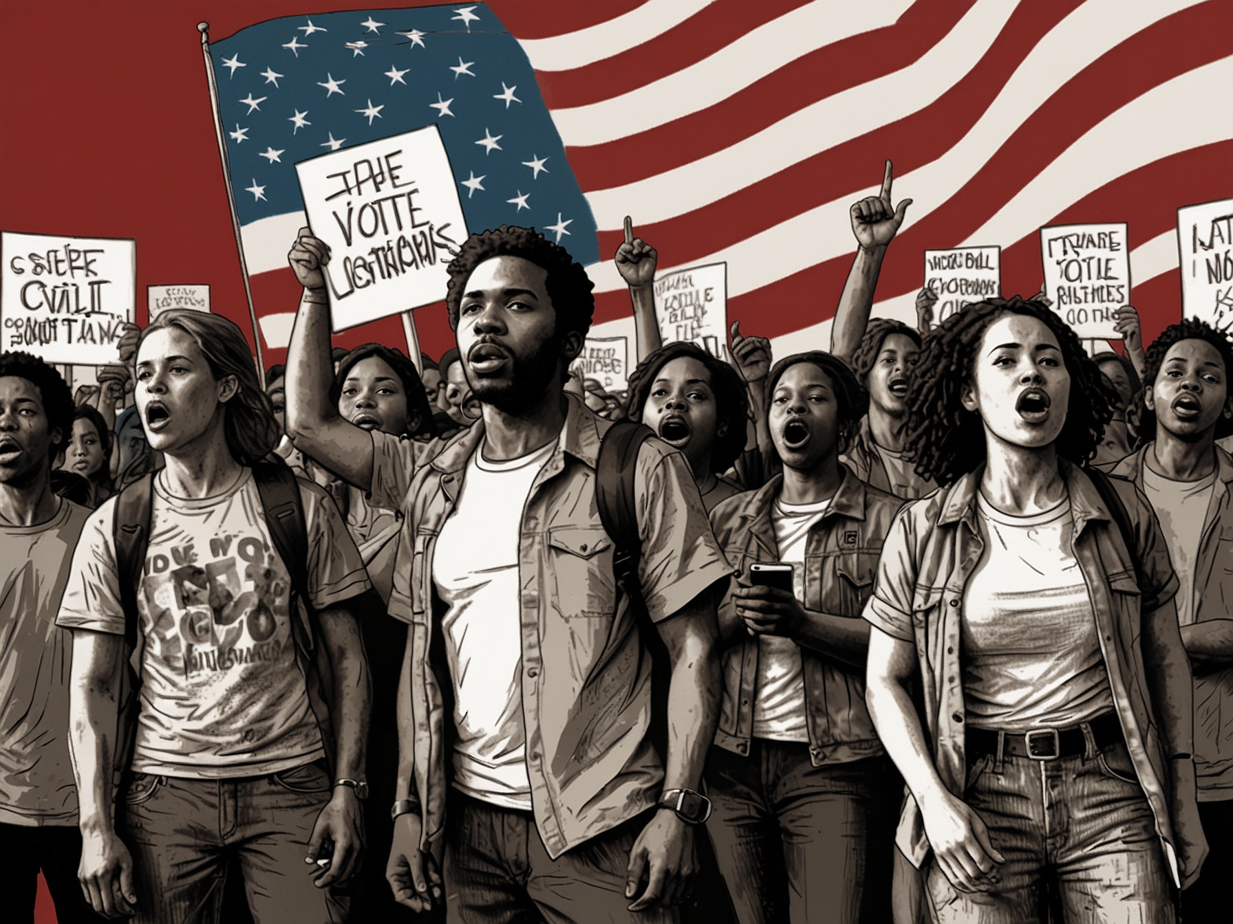 Protesters chant with determination, their voices rising in unity, carrying the legacy of civil rights leaders while rallying against perceived injustices in voting laws.