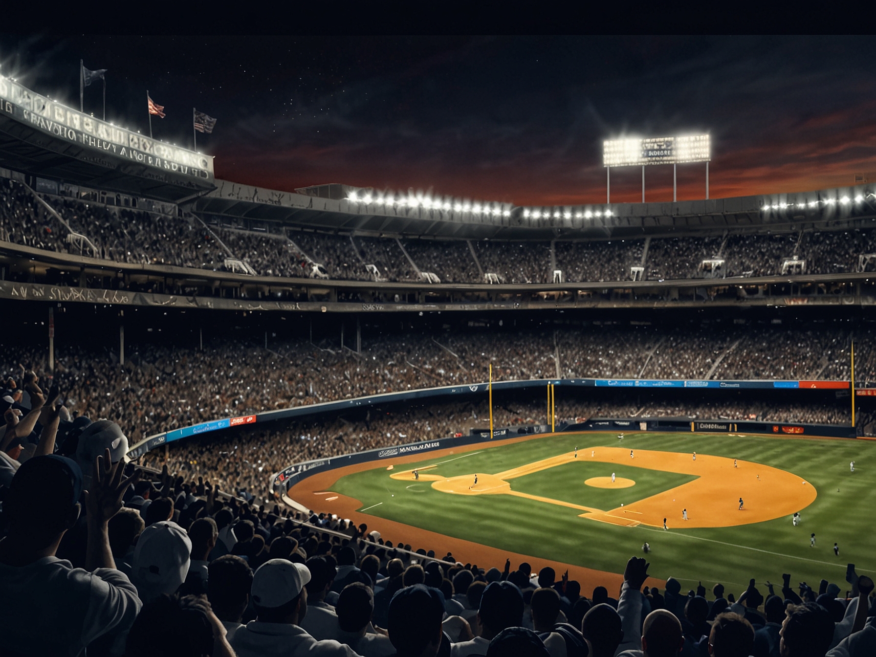 A packed Yankee Stadium buzzing with energy as fans eagerly await news of a potential trade for a former Rookie of the Year infielder, showcasing hope and excitement. 