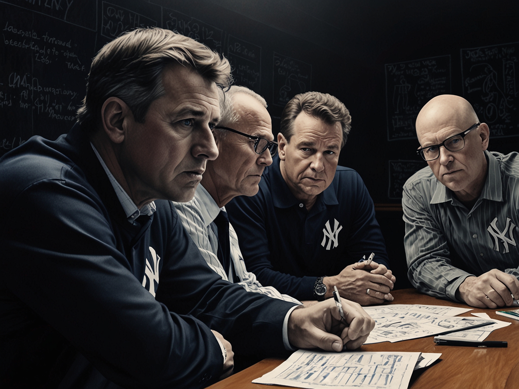 A close-up shot of the Yankees' GM and coaching staff engaged in intense discussions, weighing the pros and cons of a key trade ahead of the season's deadline.