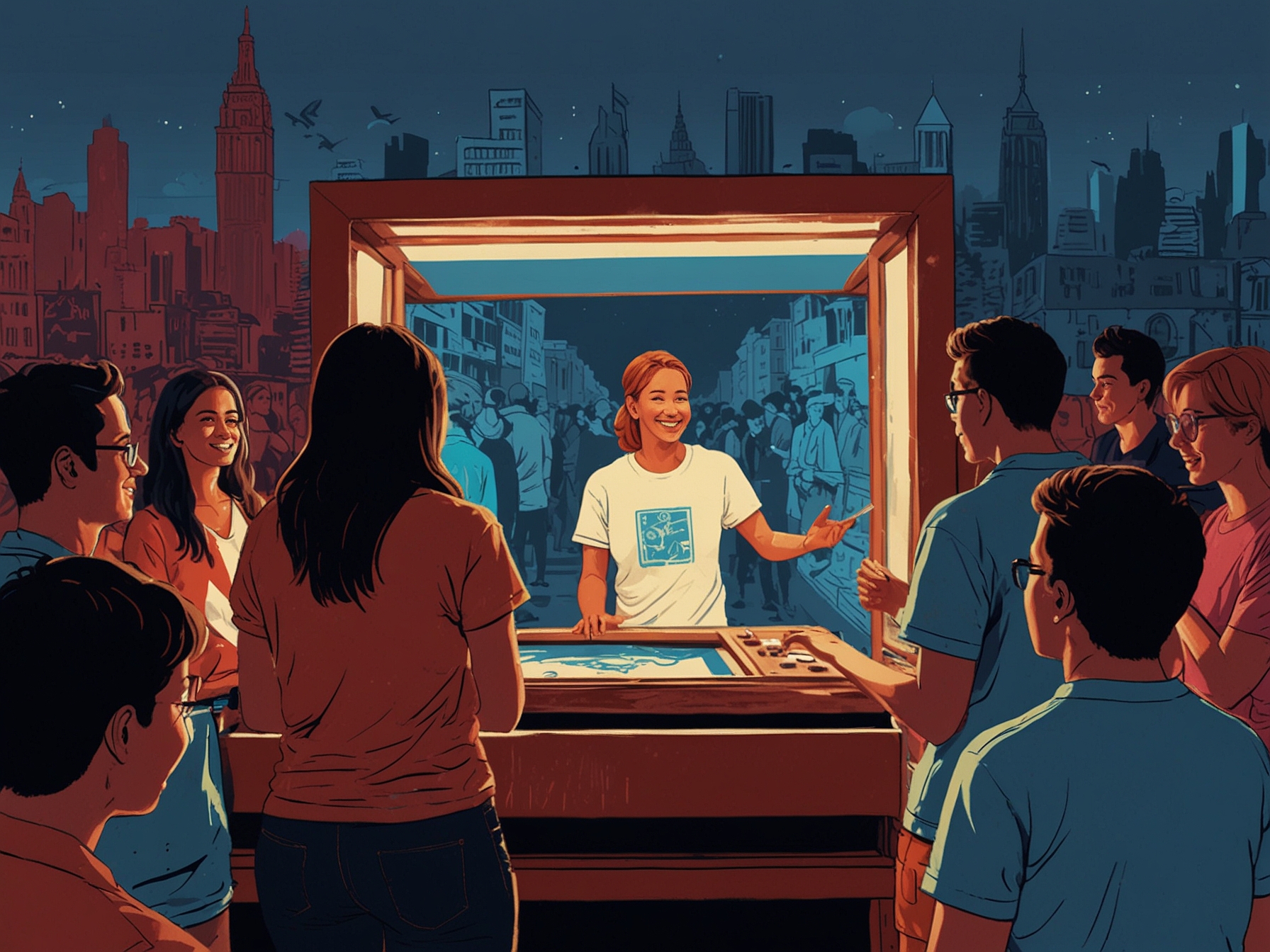 A vibrant scene of attendees at the live screen-printing event, with Henbo's iconic graphics coming to life on T-shirts, evoking excitement and creativity in the air.
