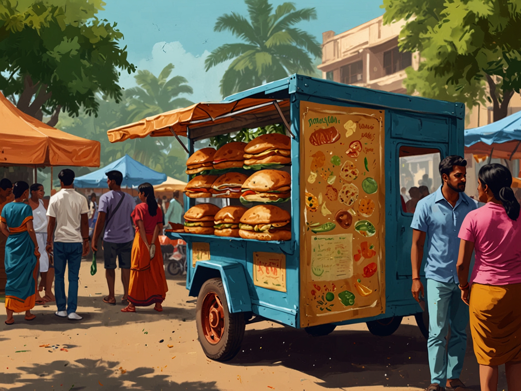 A vibrant street food festival in Bengaluru, showcasing colorful stalls with local vendors serving beloved dishes like crispy dosas and spicy chaat, creating a lively atmosphere.