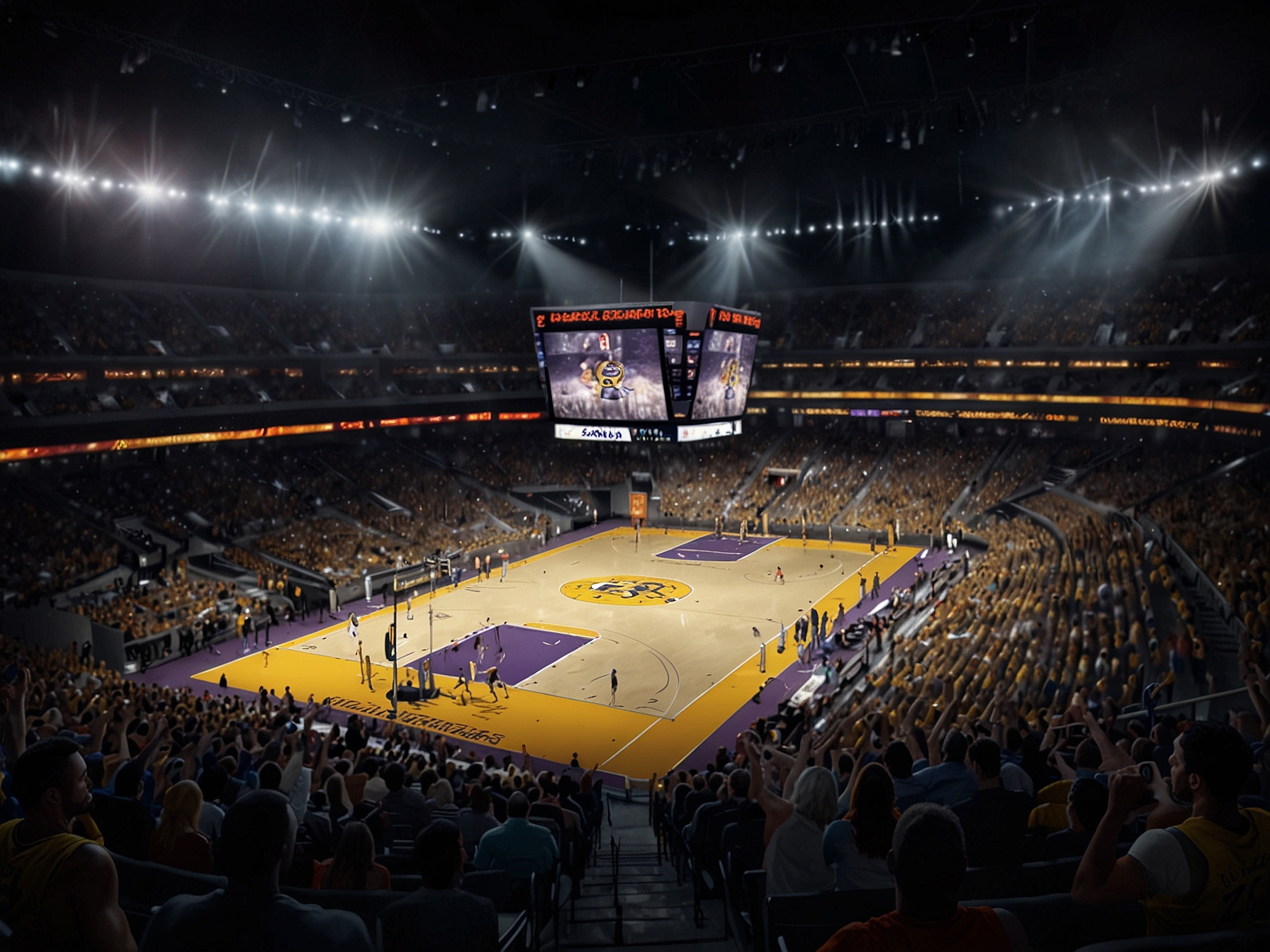 An illustration of the Lakers' home arena, the Staples Center, filled with cheering fans wearing jerseys, symbolizing hope and anticipation for the team's potential new signing.