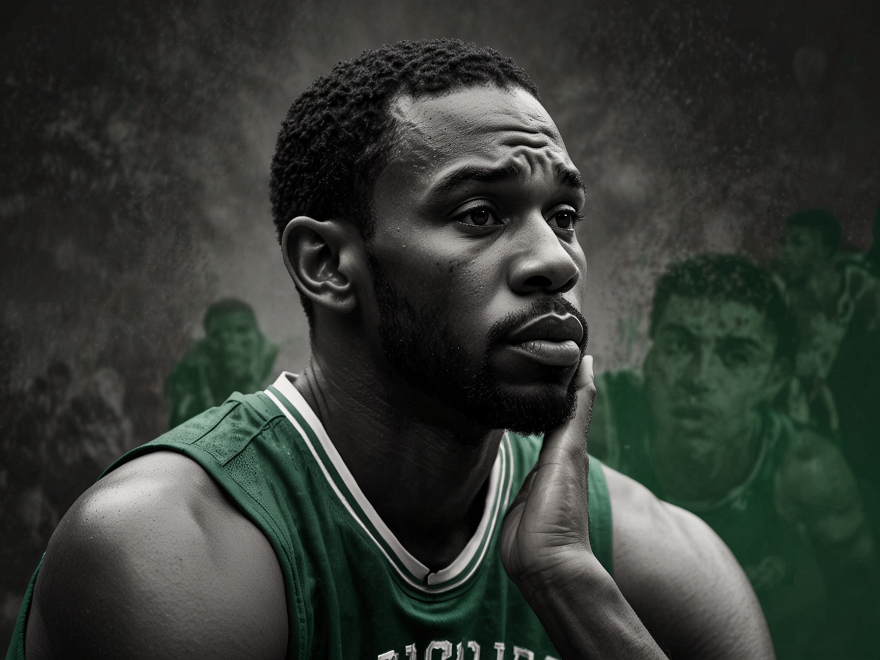 A split image of the former Celtics player in a contemplative pose, juxtaposed with action shots of him playing, reflecting on his past struggles and the possibility of a fresh start with the Lakers.