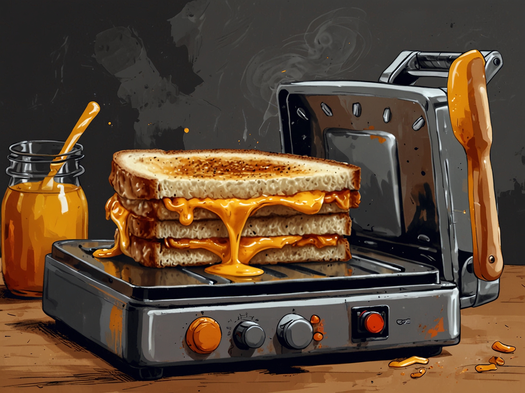 An inviting scene of a grilled cheese sandwich being made in a panini press, with melted cheese oozing out, emphasizing the delights of cooking with a grill toaster.