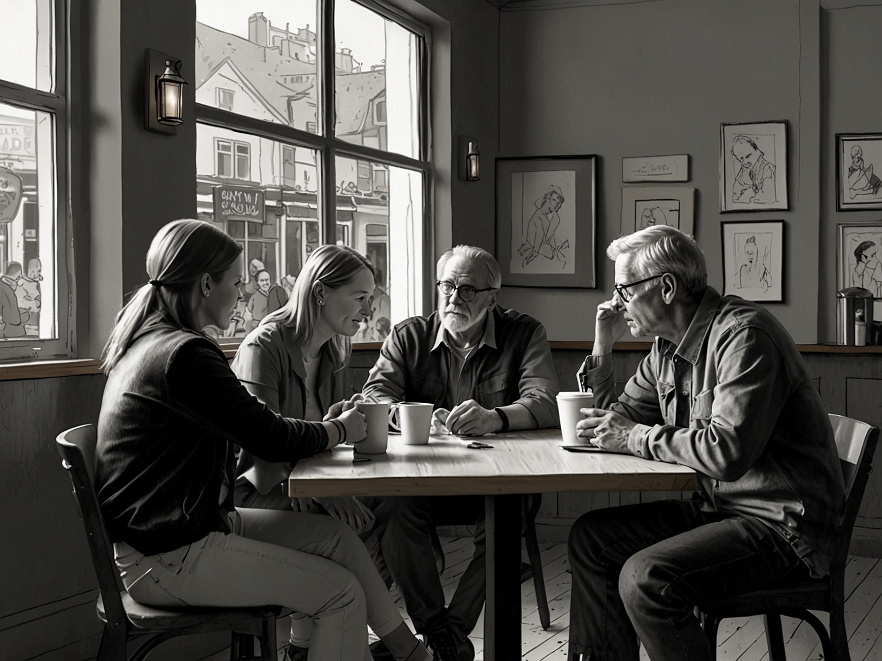 A group of residents gathered in a local café, engaging in conversations filled with hope and concern about the future, symbolizing community spirit amidst economic uncertainty.