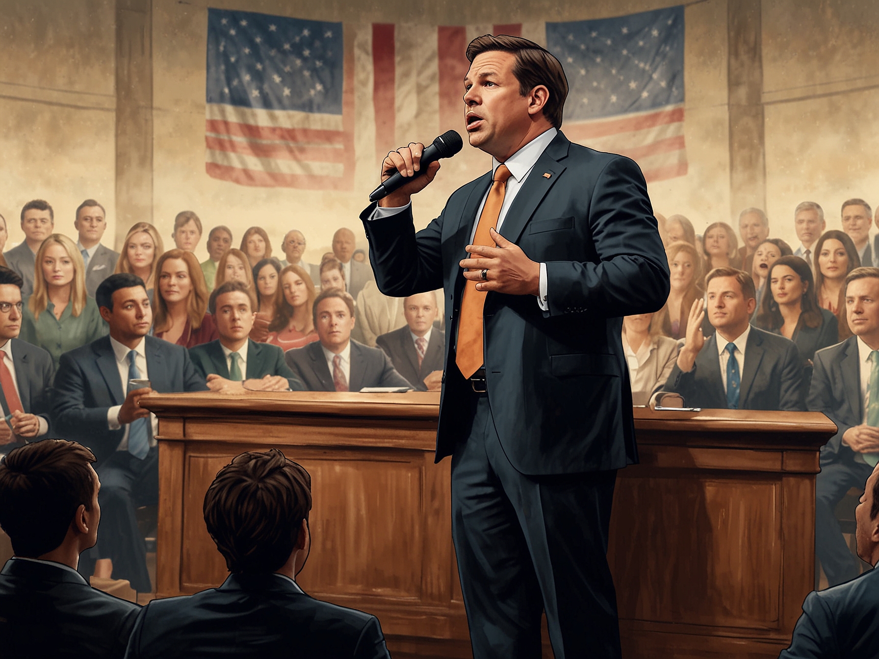 A tense political debate scene featuring Governor Ron DeSantis addressing a crowd, emphasizing his stance against marijuana legalization with a concerned expression.