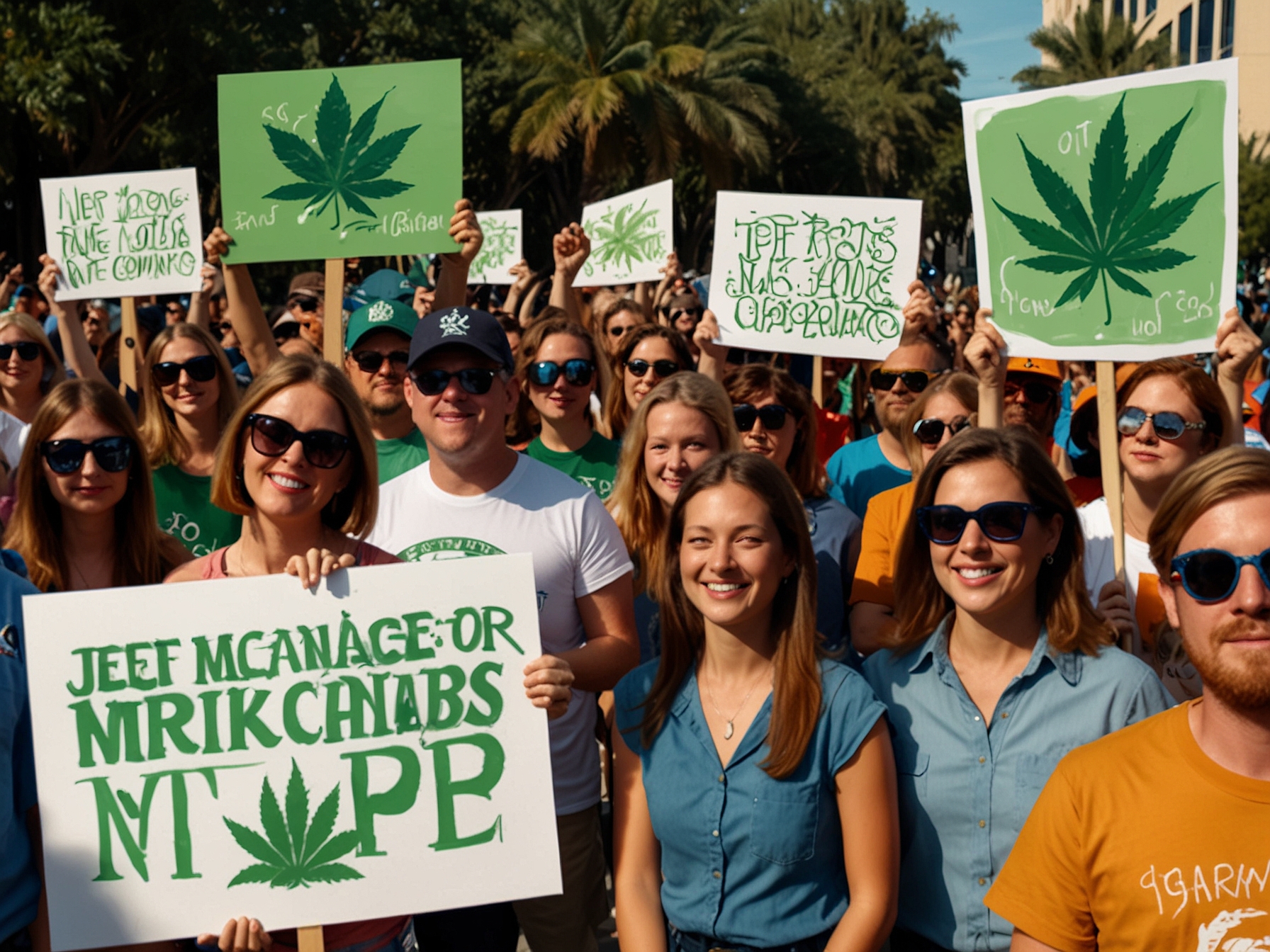 Jeff Roe passionately advocates for marijuana legalization at a rally, surrounded by supporters holding signs that promote the benefits of legal cannabis in Florida.