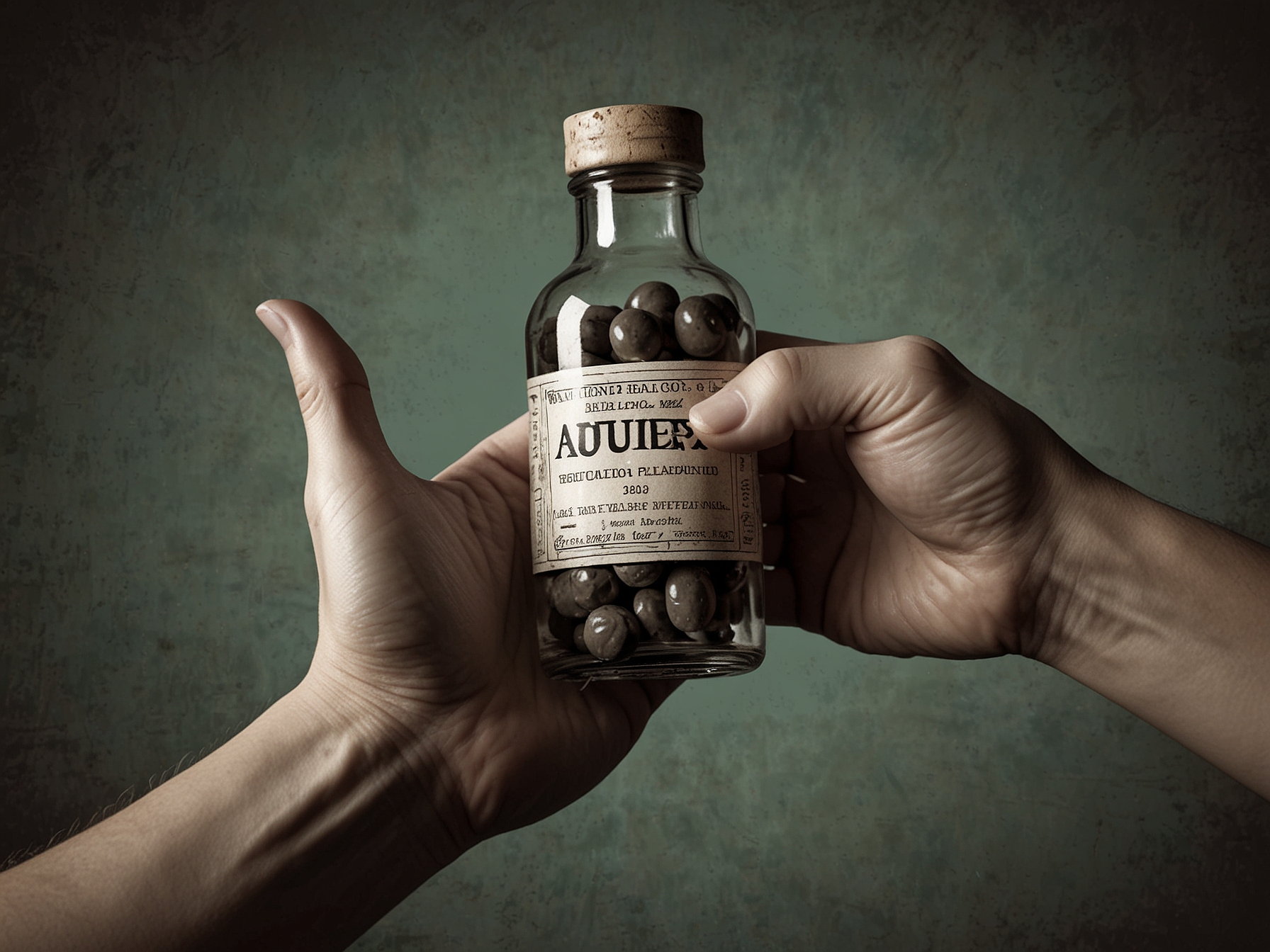 A hand holding a bottle of the fraudulent ayurvedic pills with a distressed look, symbolizing the emotional turmoil of those deceived by false health claims.