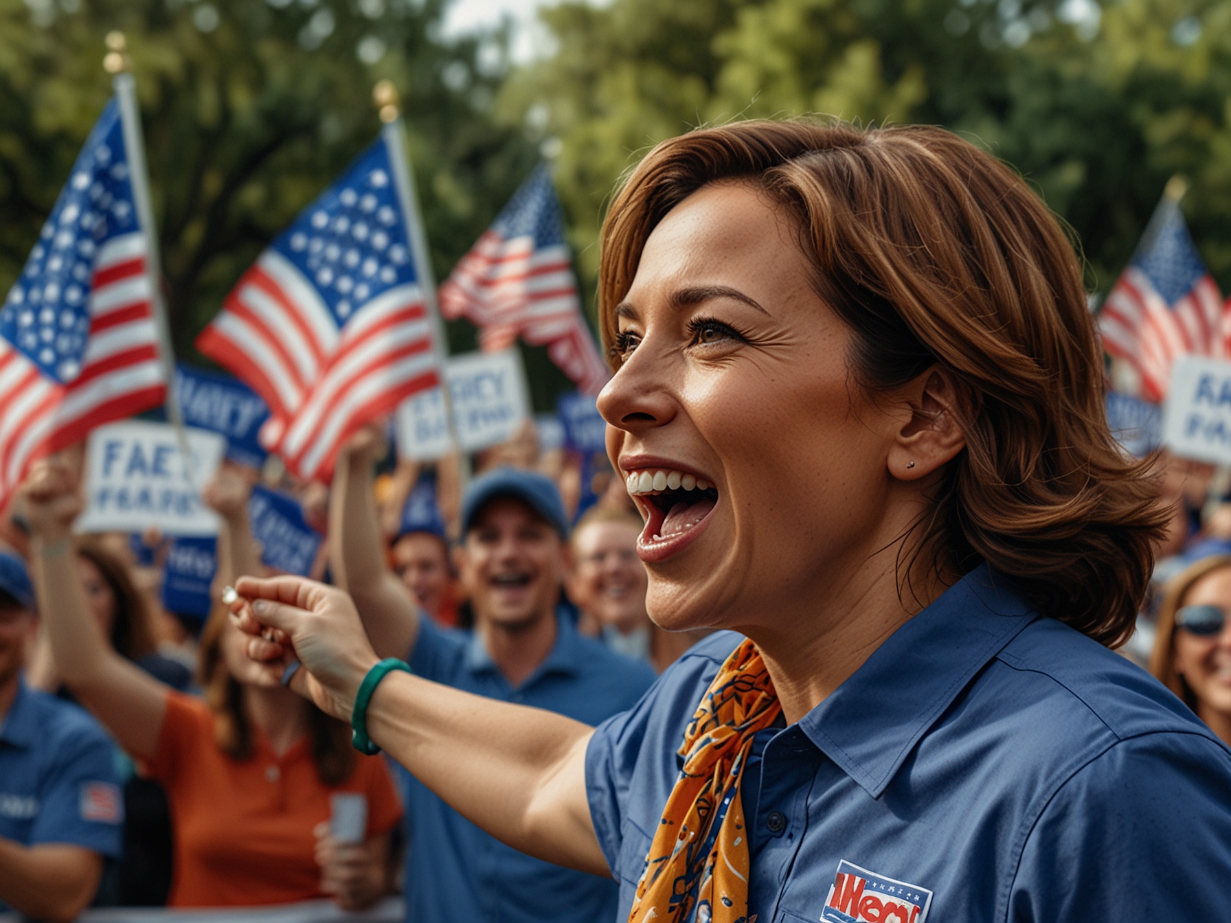 A vibrant rally scene from 2020, capturing the energy and enthusiasm sparked by Harris's appearances, contrasting with the current campaign dynamics.