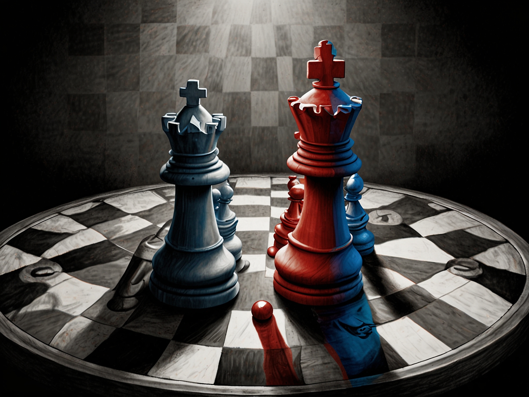 A visualization of a chessboard, symbolizing the strategic moves made by both Harris and Biden in their separate campaigns as they navigate the election landscape.