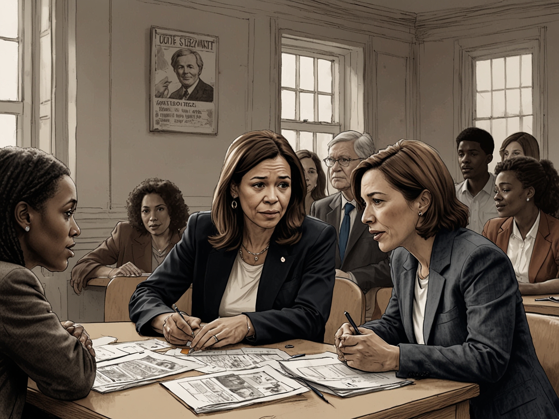 A close-up of diverse voters discussing issues like climate change and women's rights, representing Harris's unique strategy to resonate with her base leading up to the election.