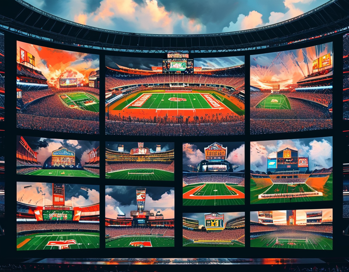 A split-screen illustration displaying various NFL game highlights, emphasizing the diversity and excitement of the matchups happening simultaneously.