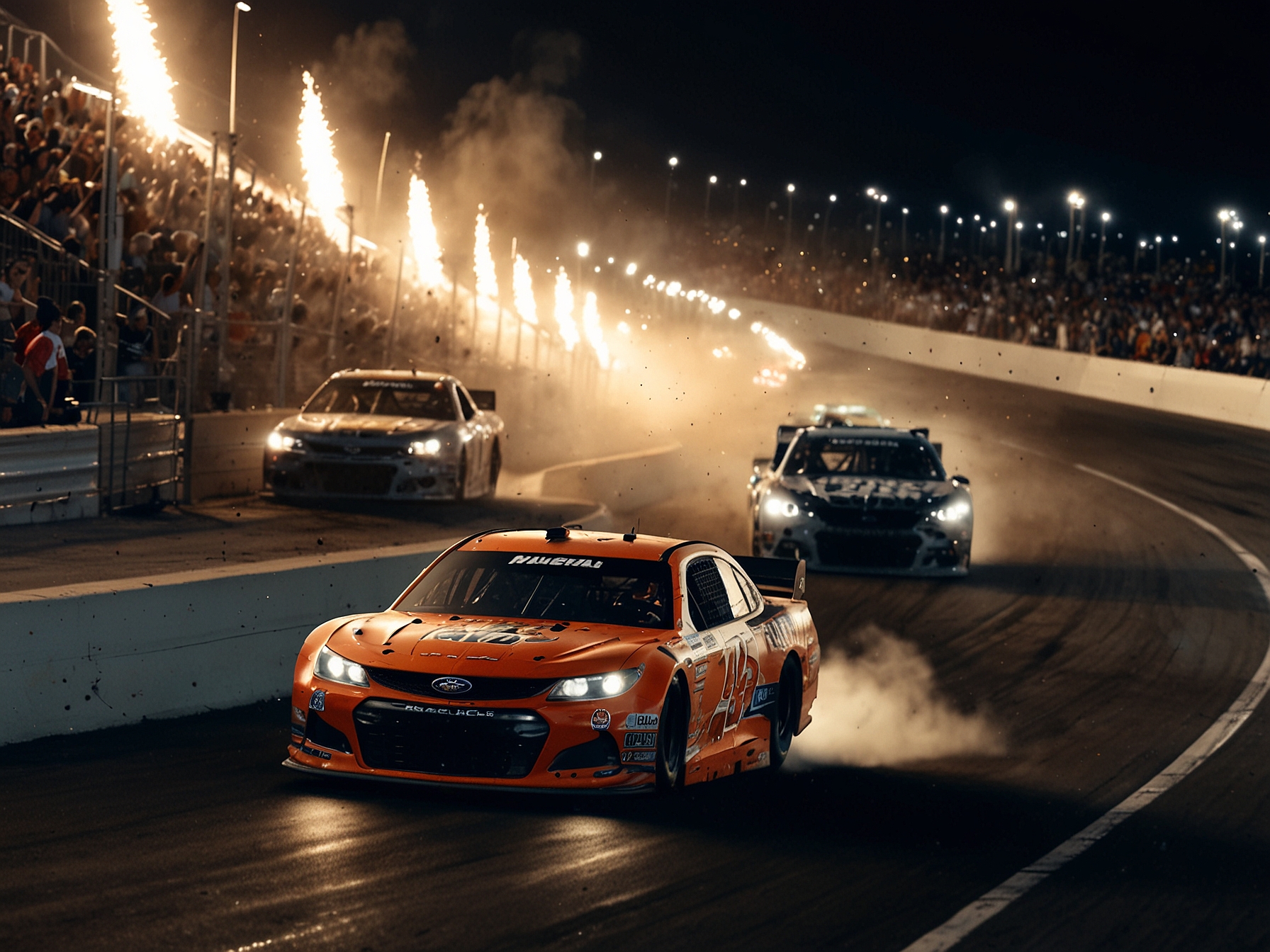 An intense moment from the NASCAR race, showcasing Christopher Bell racing hard, with cars speeding around a turn under the bright lights of Las Vegas, epitomizing the fierce competition.