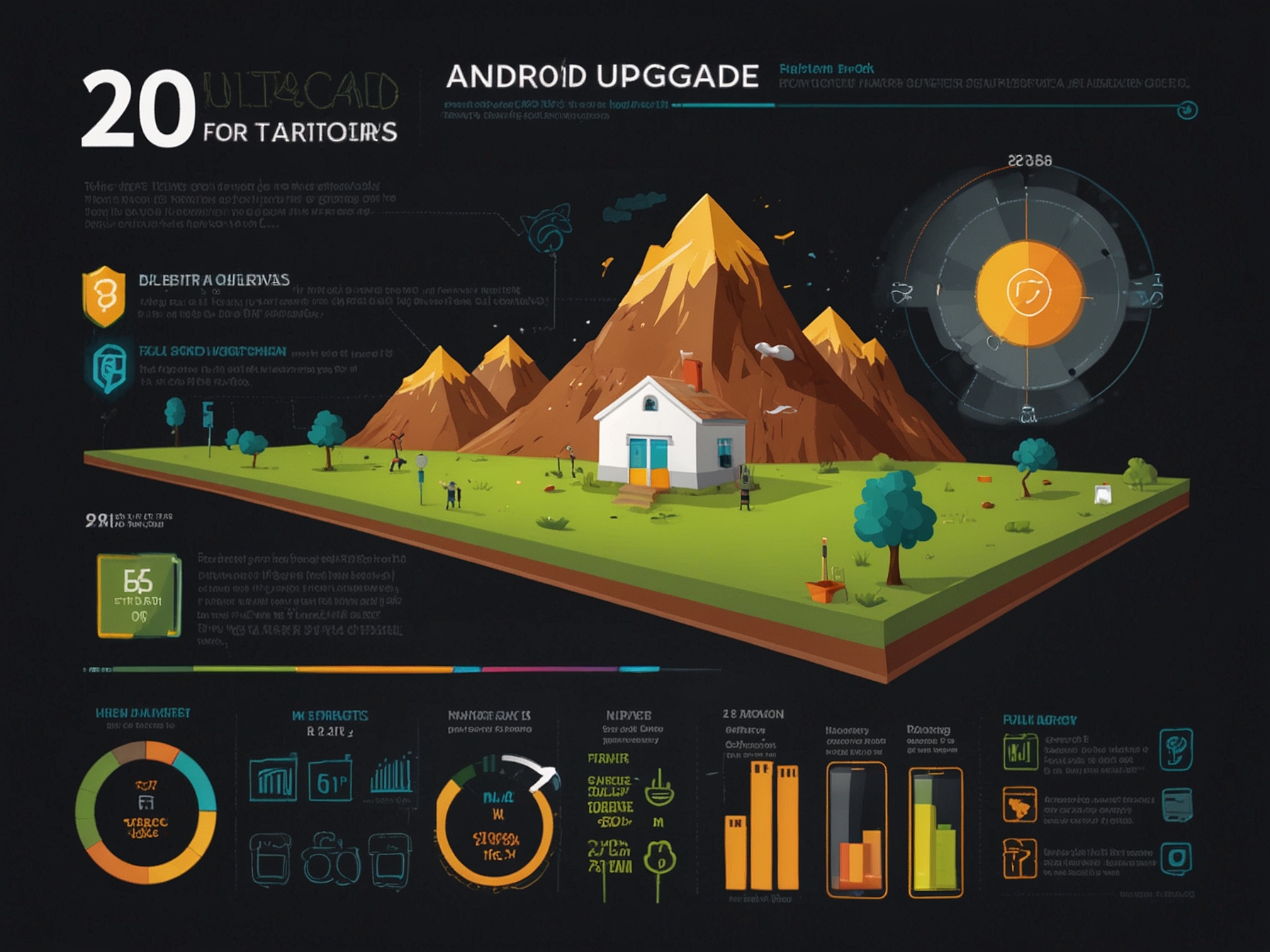 An infographic showcasing the anticipated features of the 2025 Android upgrade, highlighting improvements in camera, processing power, and battery life for smartphones.