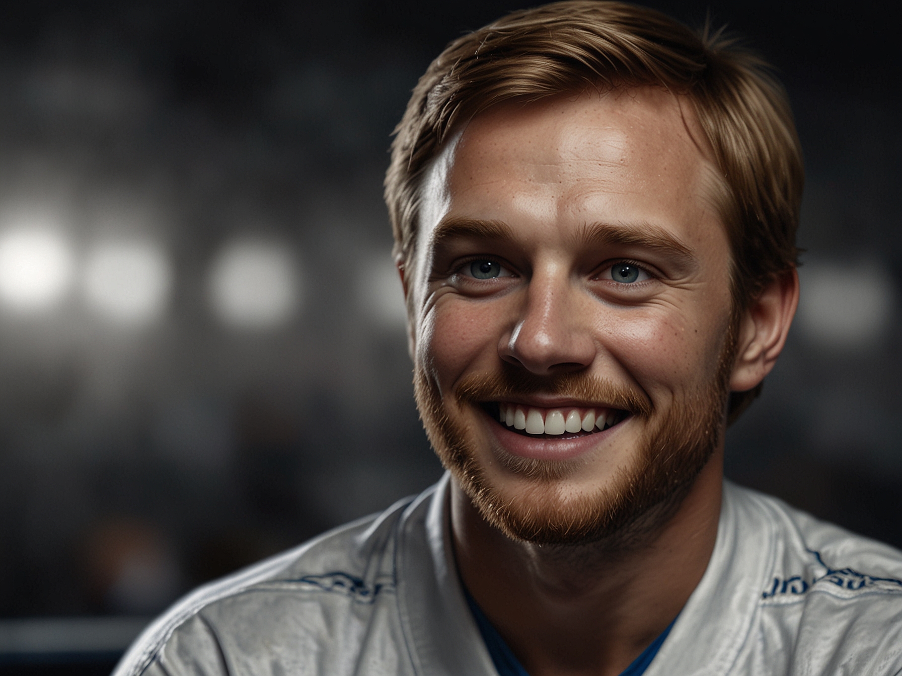 A close-up shot of Chris McCausland smiling while practicing, reflecting his determination and the emotional weight of his journey in the competition.