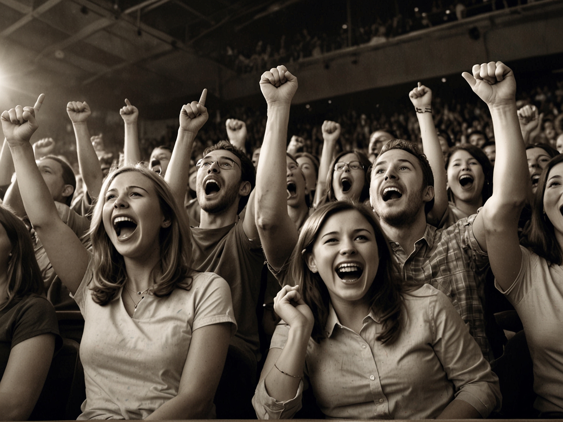 Fans cheering in the audience with expressions of concern and excitement, capturing the emotional connection viewers feel as they support Chris McCausland.