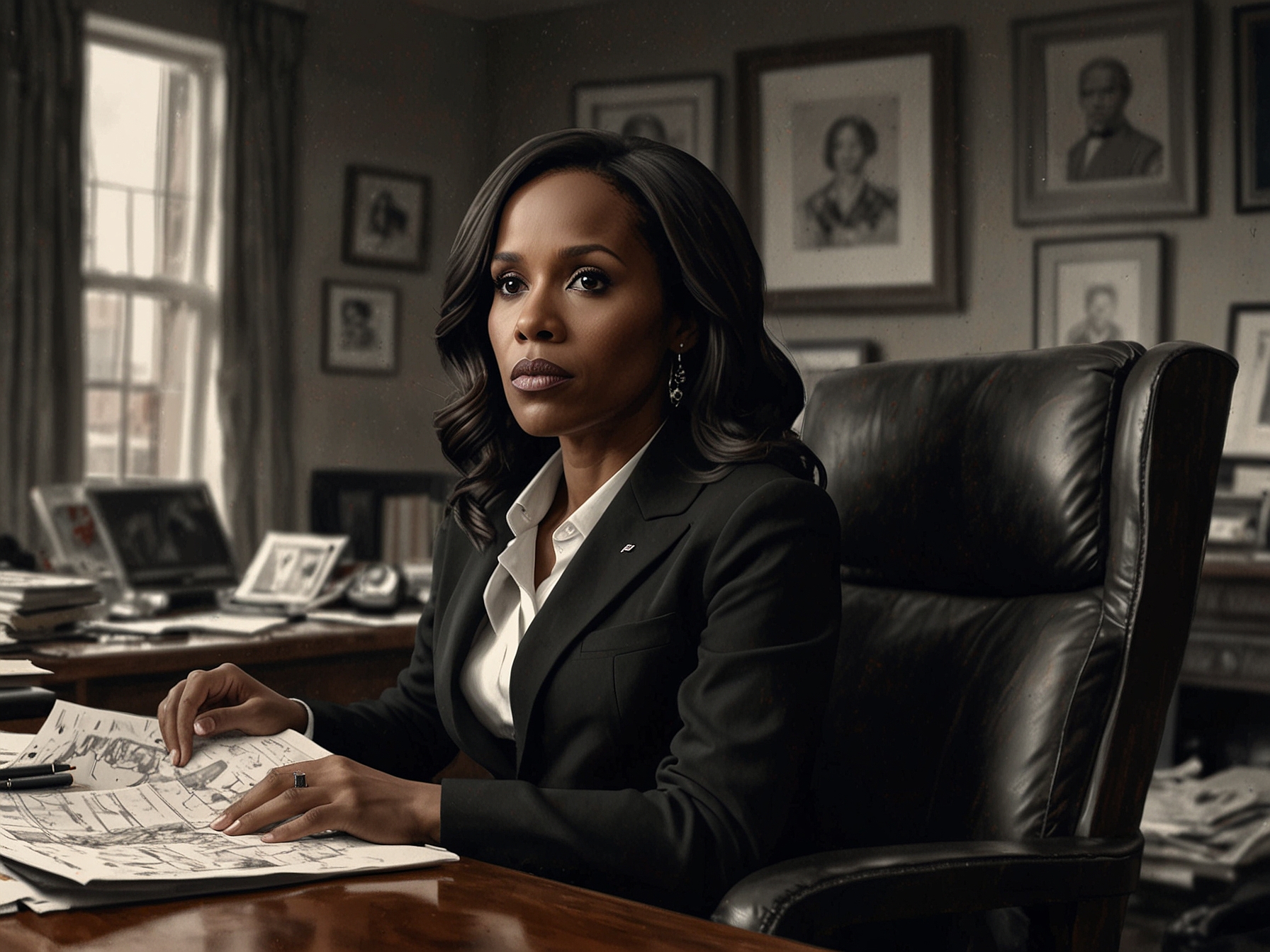 An intense image of Olivia Pope from 'Scandal', surrounded by chaos, symbolizing the high-stakes world of political manipulation and personal ambition.