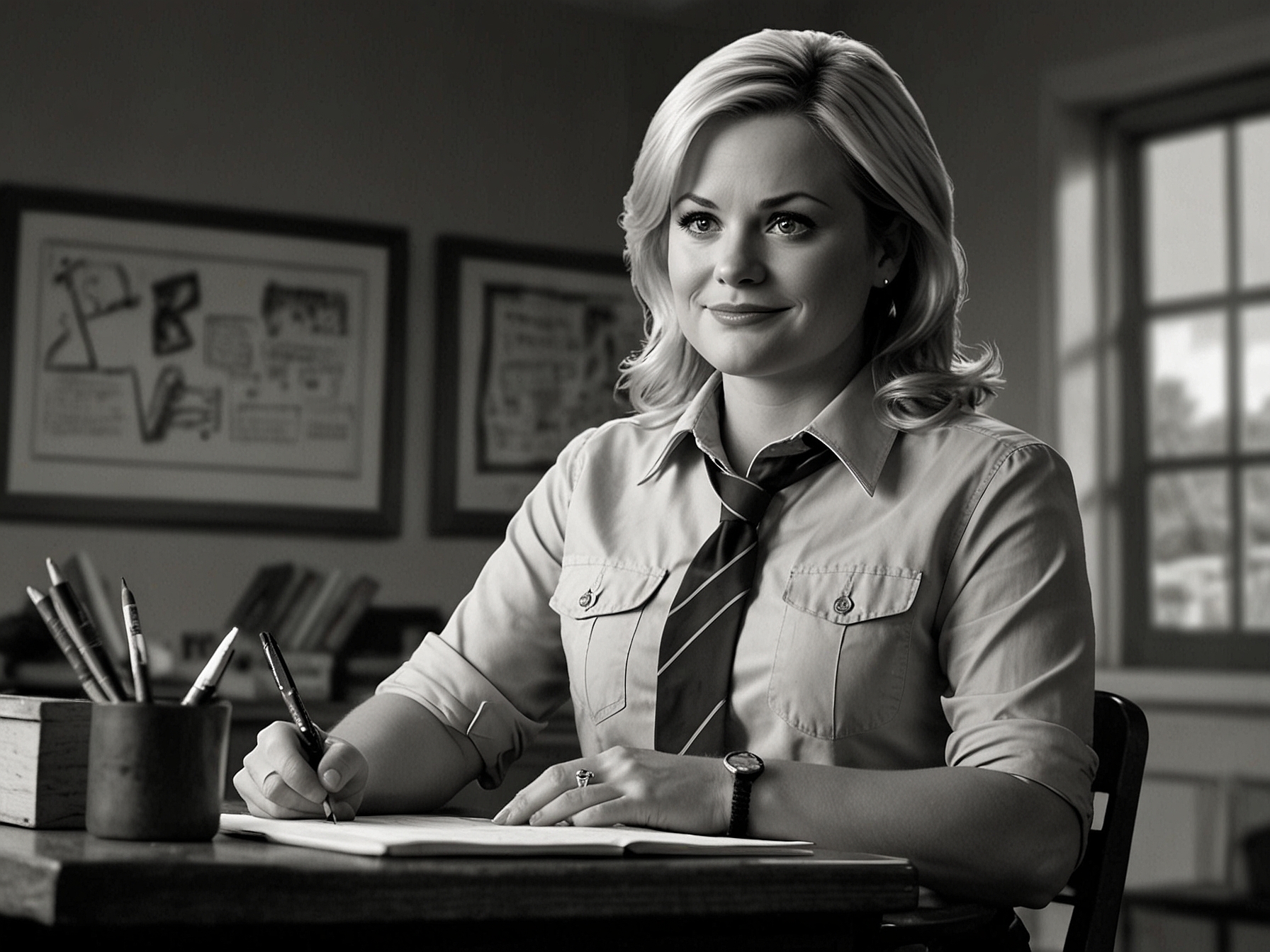 A compelling snapshot from 'Parks and Recreation' featuring Leslie Knope passionately working on a community project, emphasizing the power of public service.