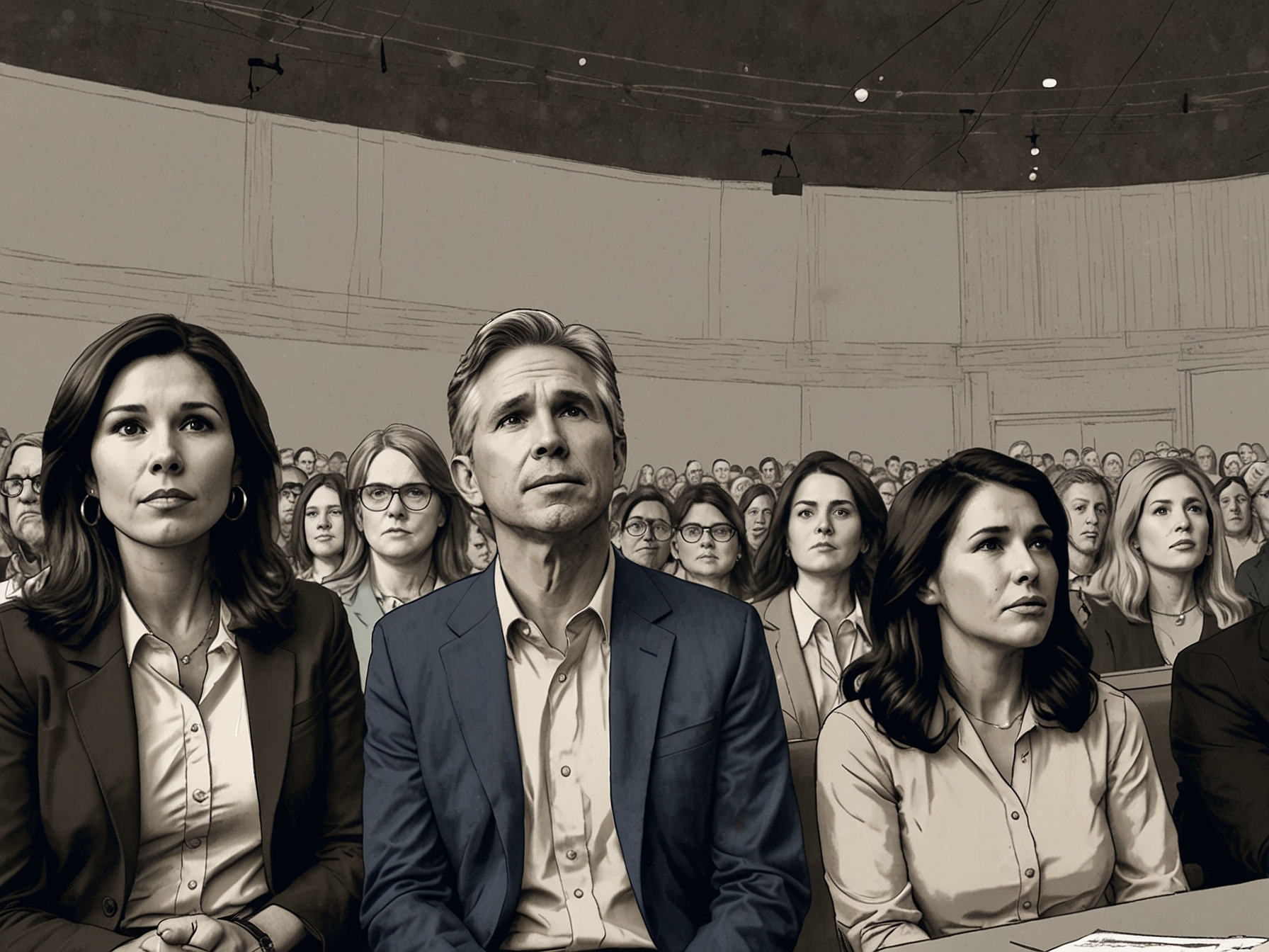 A divided audience at a political debate, illustrating the polarized reactions to Gabbard's party switch, some cheering while others look on skeptically.