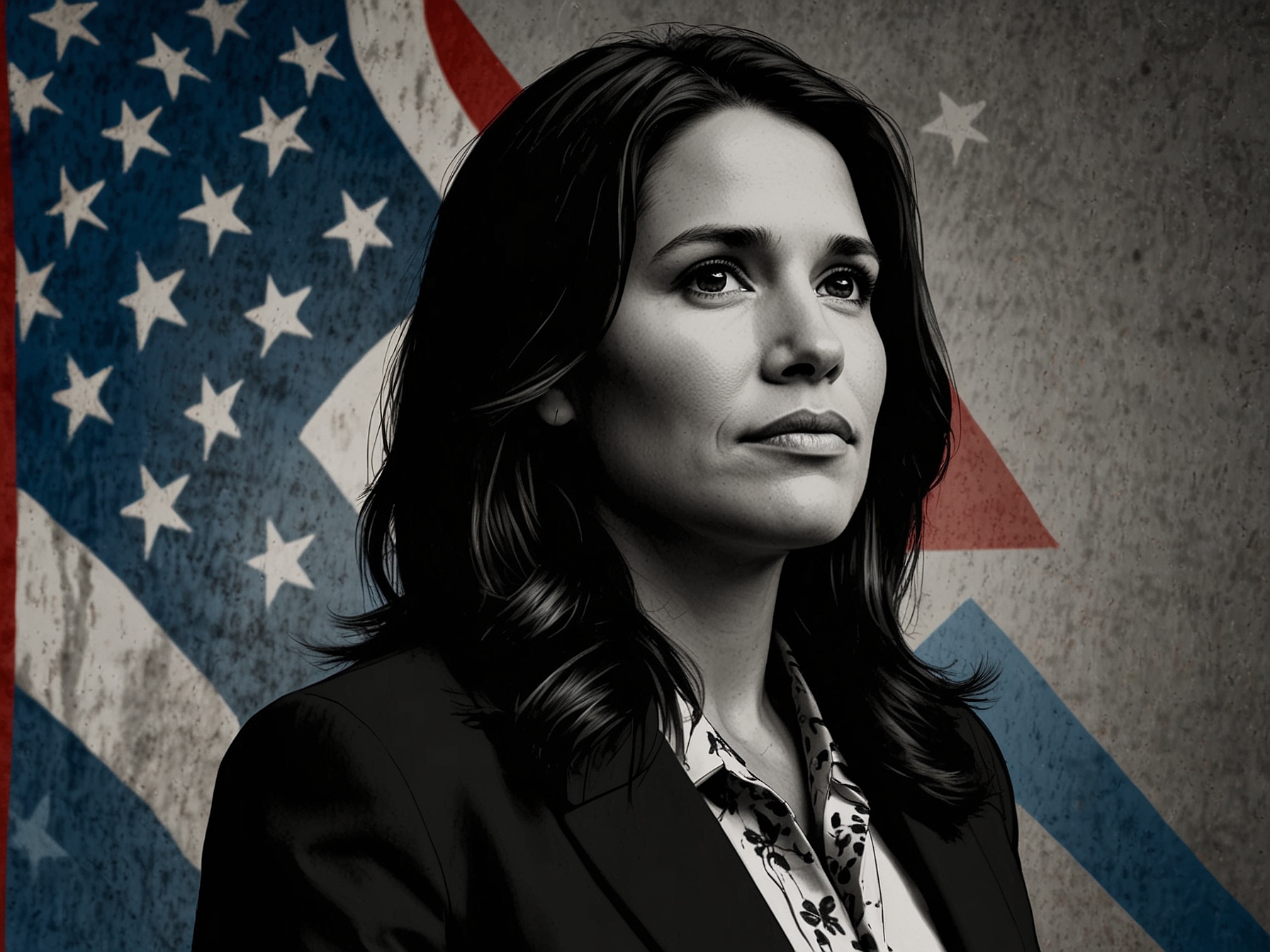 An image of Gabbard standing against a backdrop of the Republican Party emblem, symbolizing her new identity and the discussions surrounding her motivations.