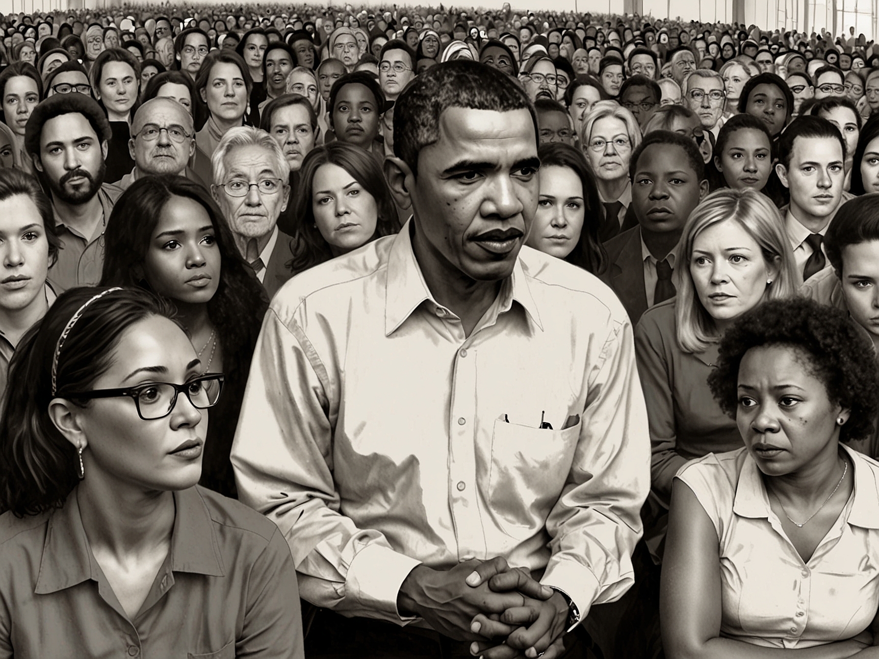 Attendees of the rally showing a diverse range of reactions, nodding in agreement as Obama emphasizes the need for collective action and civic engagement for a better democracy.