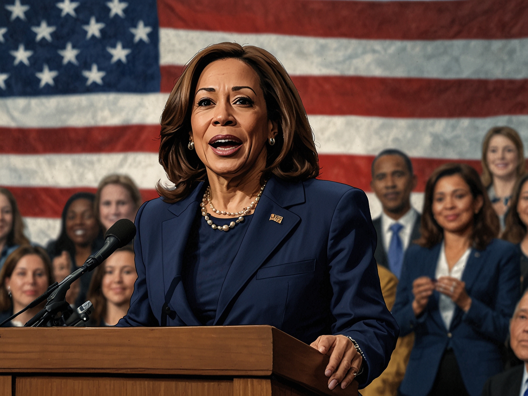 Kamala Harris takes the stage after Obama, the audience erupting in cheers as she shares her vision for America, embodying hope and determination for the upcoming election.