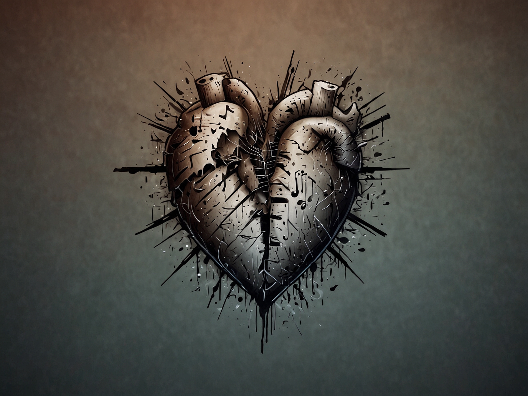 An artistic representation of a broken heart with musical notes around it, symbolizing the impact of Cardi B's absence on her fans and the music industry.