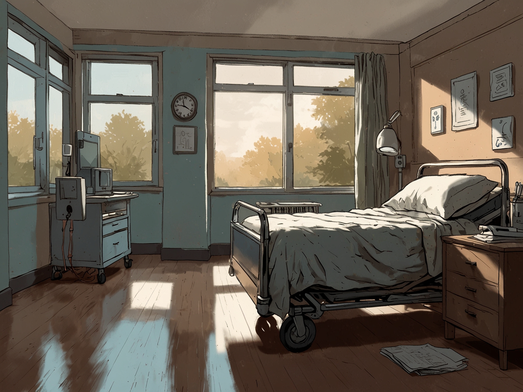 A serene image of a hospital room, emphasizing the importance of self-care and health for artists, juxtaposed against the glitzy life of fame.