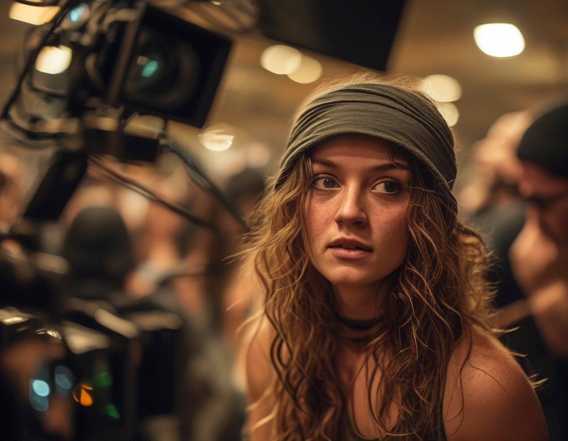 A behind-the-scenes shot of Loomis preparing for her performance, capturing the intensity and pressure that comes with live events.