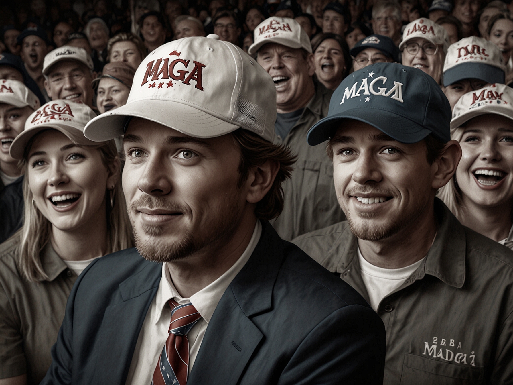Close-up of a group of enthusiastic supporters wearing MAGA hats, showcasing the fervor and loyalty that exists among some attendees despite underlying tensions.