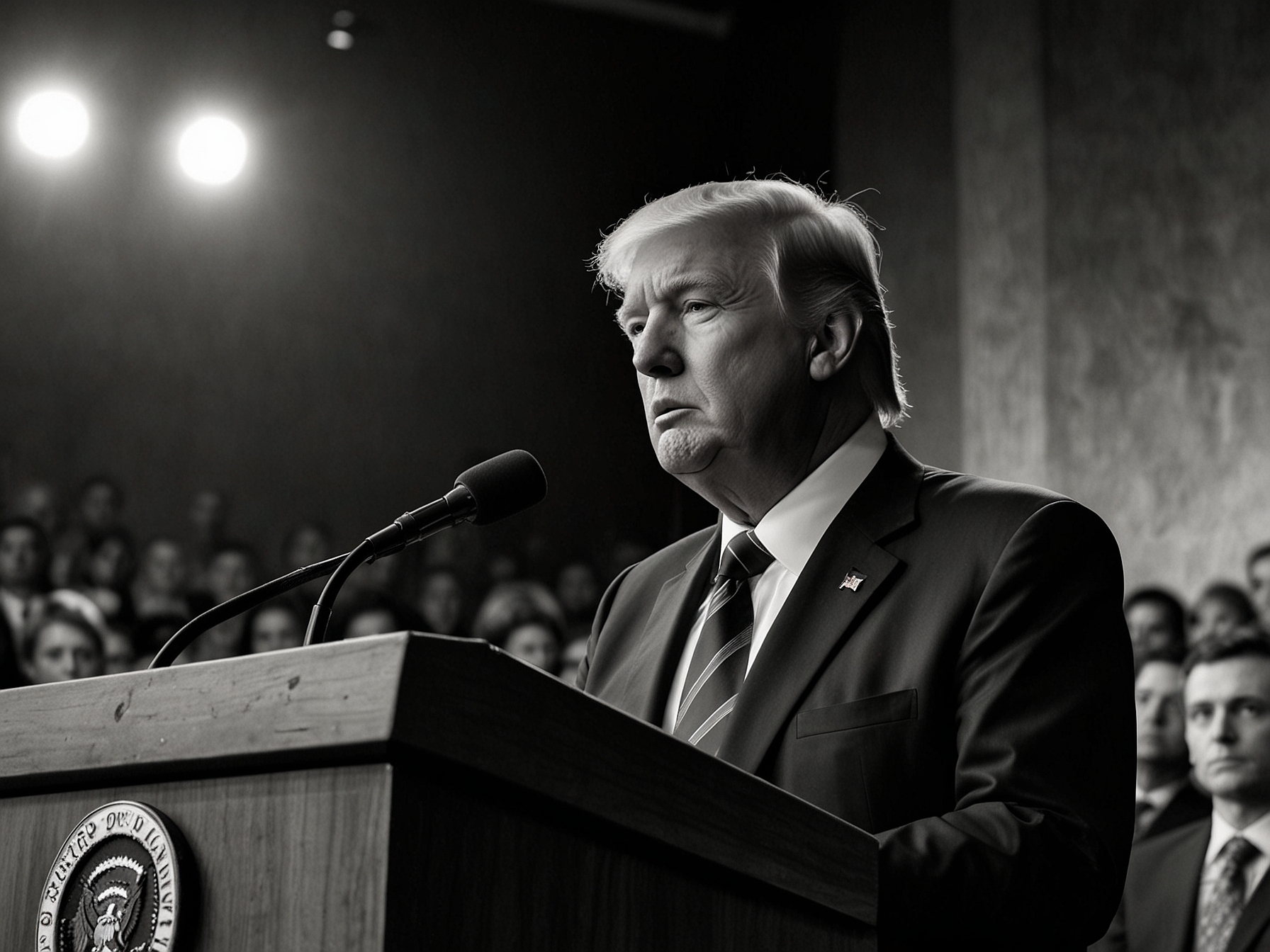 An image depicting Trump at the podium, looking determined while delivering his closing remarks, capturing the mixed emotions of the audience as they listen intently.