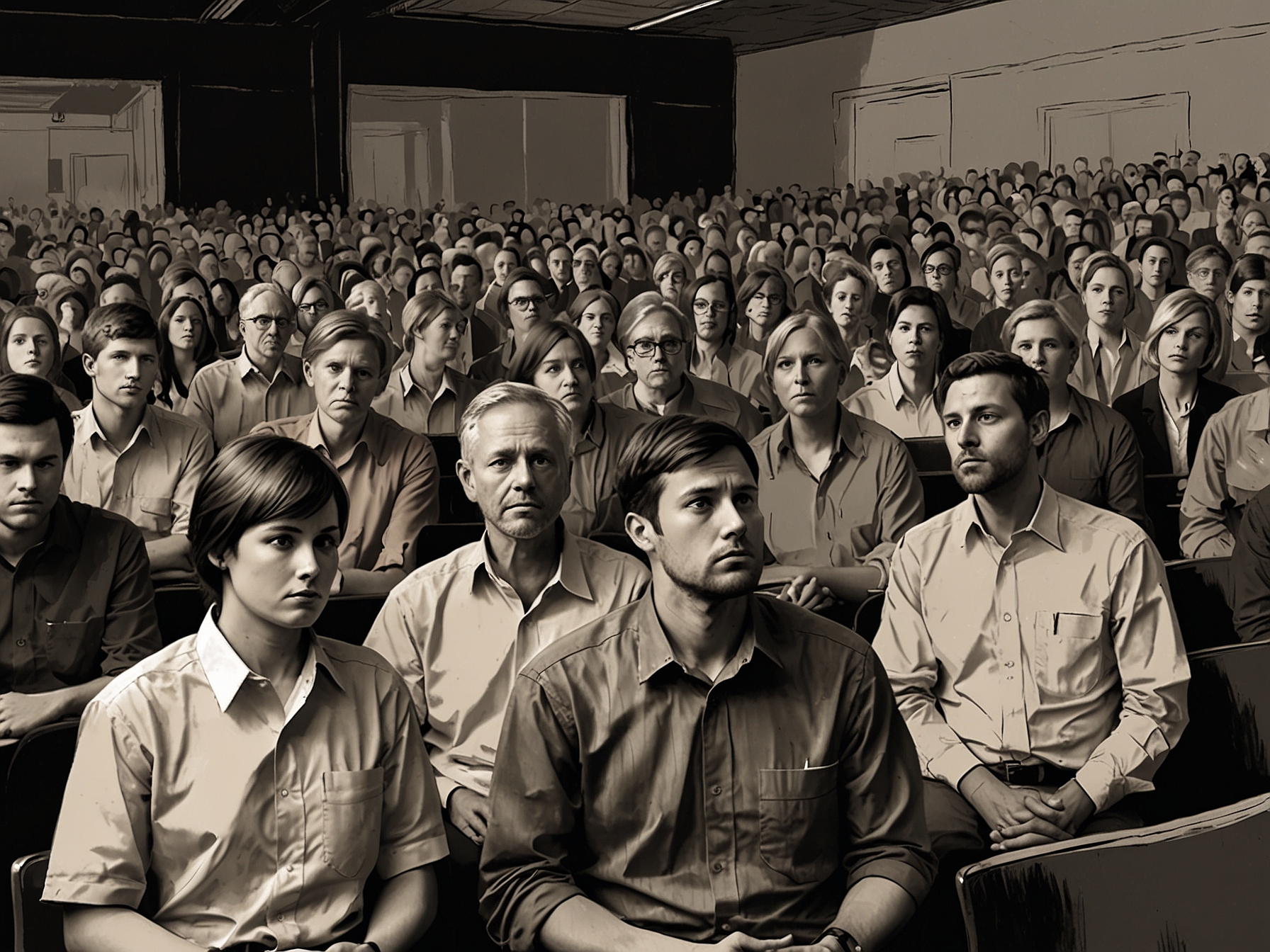 A shot of attendees exiting the venue with contemplative expressions, reflecting the uncertainty and questions lingering in their minds after the rally concluded.