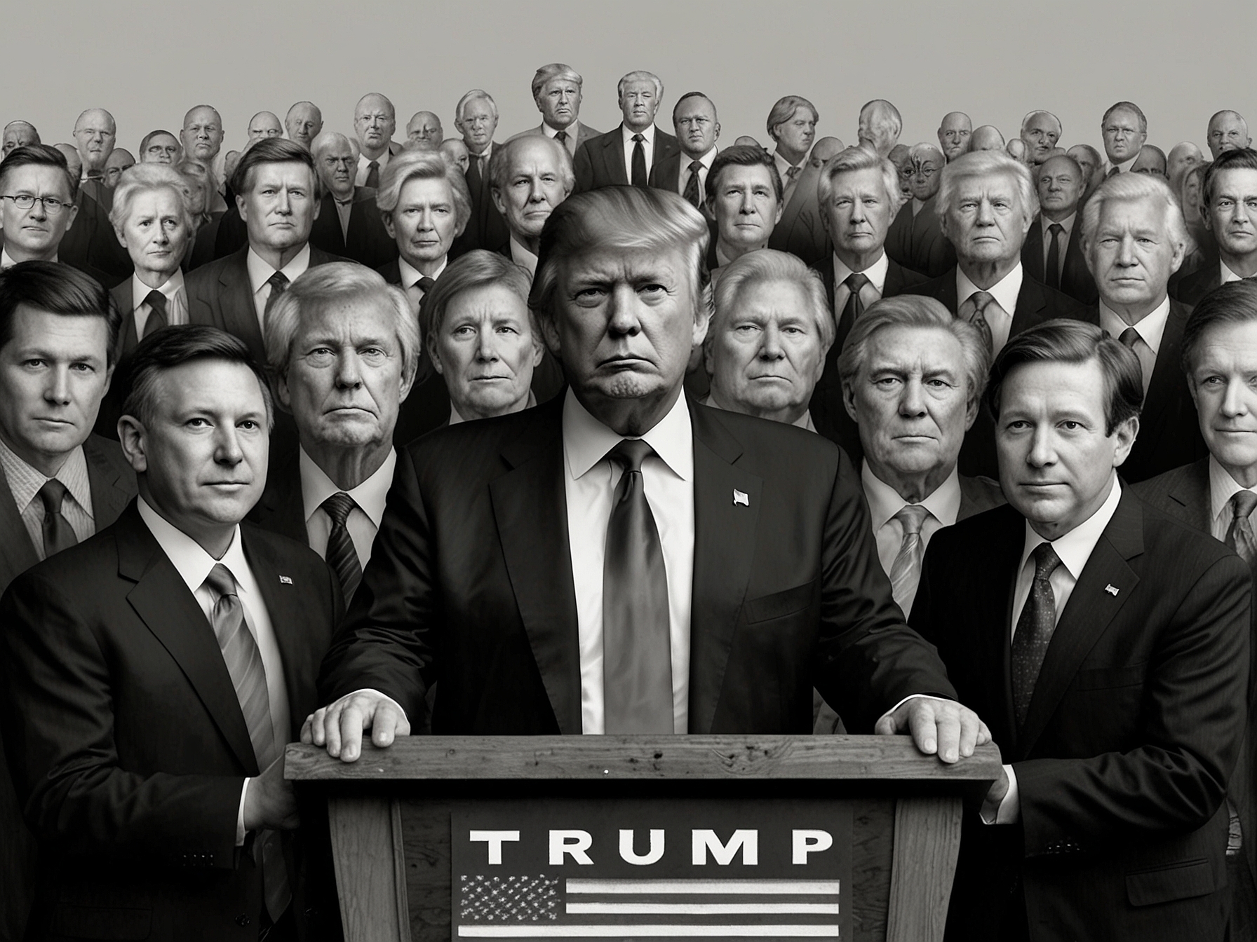 A collage of Trump and his advisors, hinting at the complexities in their relationships and the potential rifts affecting Trump's message at the rally.