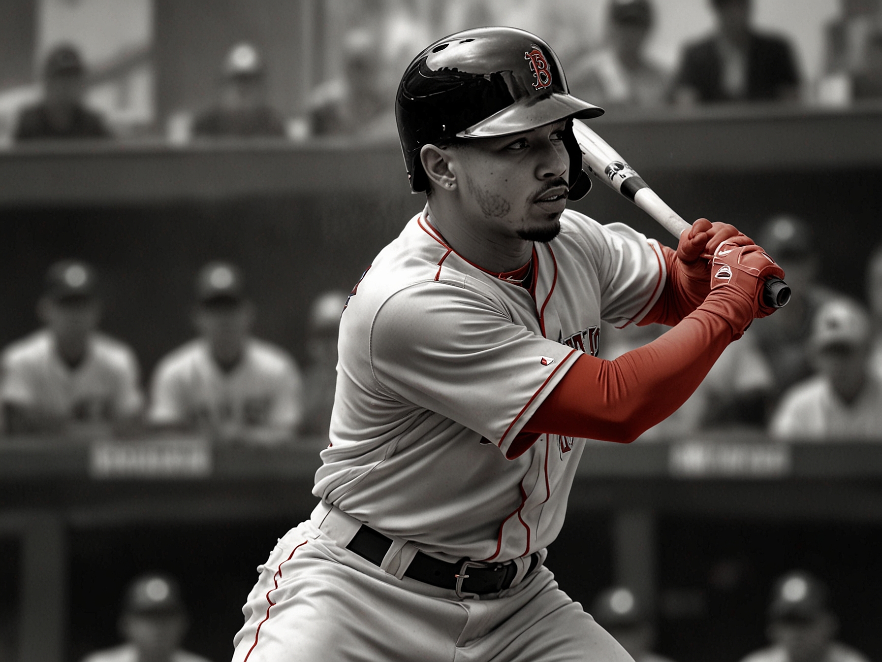 Mookie Betts at the plate, poised to swing, with focused determination reflecting the game's high stakes in an intense World Series matchup.